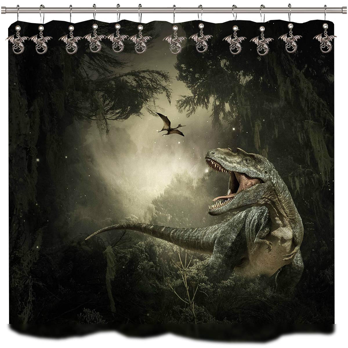 Antique Silver Dragon Shower Curtain Hooks Rings - Decorative Bathroom Accessories Set for Kids & Baby Rooms - Forest Country Village Theme - Perfect for Nursery, Bathroom Decor and Themed Home Design