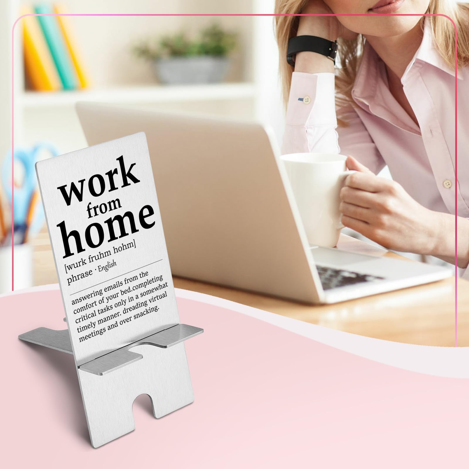 YODOCAMP Funny Work from Home Definition Metal Phone Stand - Cute Desk Holder for Cell Phones, Perfect Gift for Women, Men, Boss, Coworkers & Friends - Ideal for Office, Home Desk & Remote Work Setup