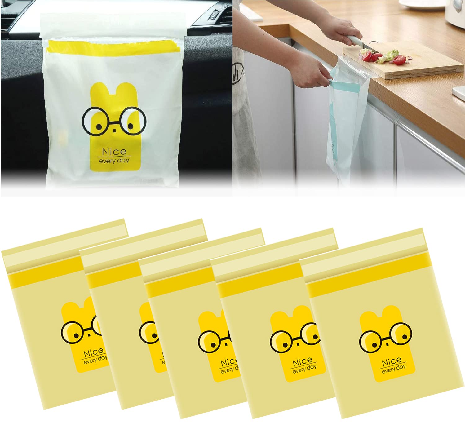 75pcs Disposable Car Trash Bags - Yellow Cartoon Design for Road Trips, Travel & Office Use - Leakproof & Scented Auto Garbage Bags for Cars, Trucks & Vehicles