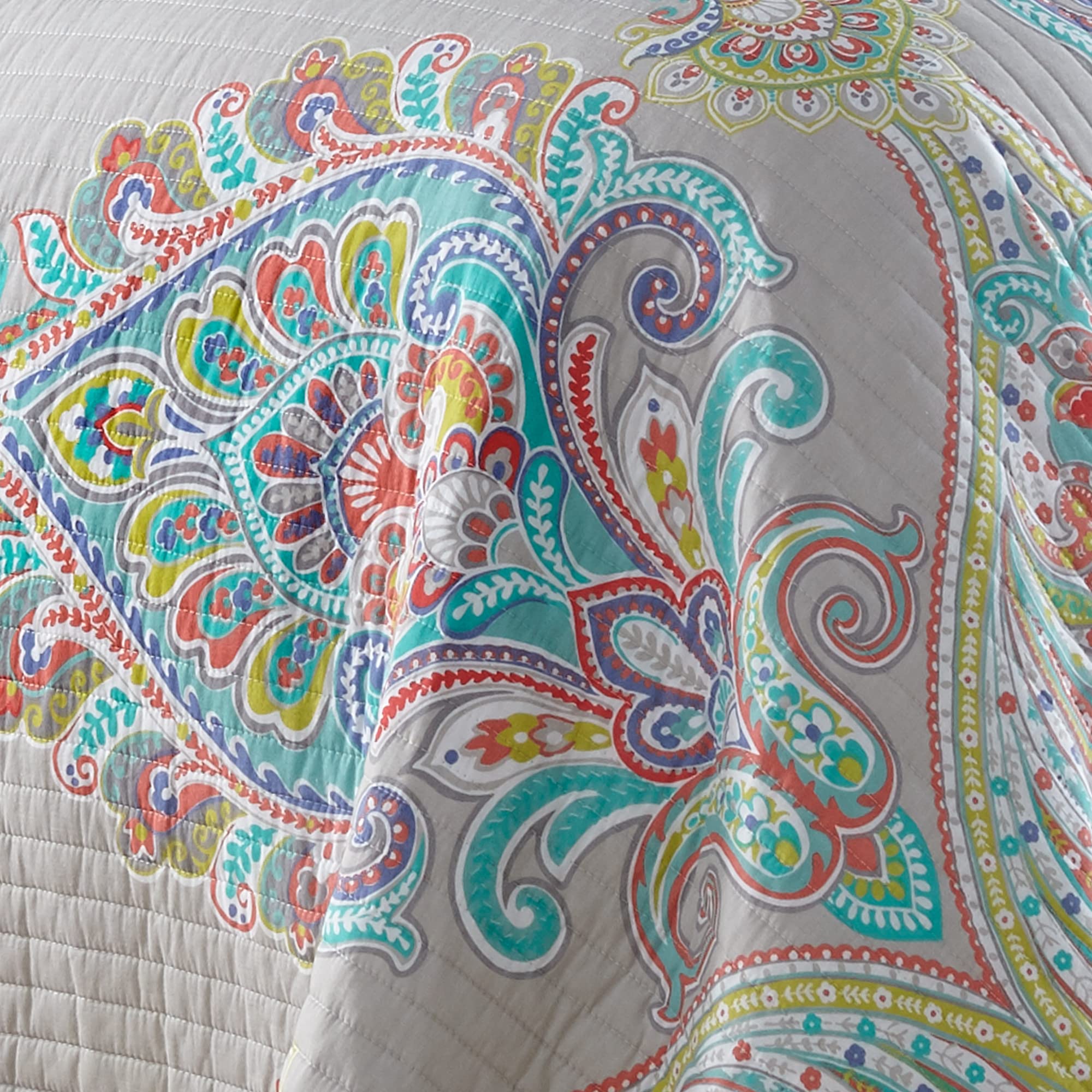 Levtex Home Deniza King Quilt Set - 100% Cotton Paisley Pattern Bedding in Grey, Teal & Red | Luxury Comfort for Master Bedroom & Guest Room Decor