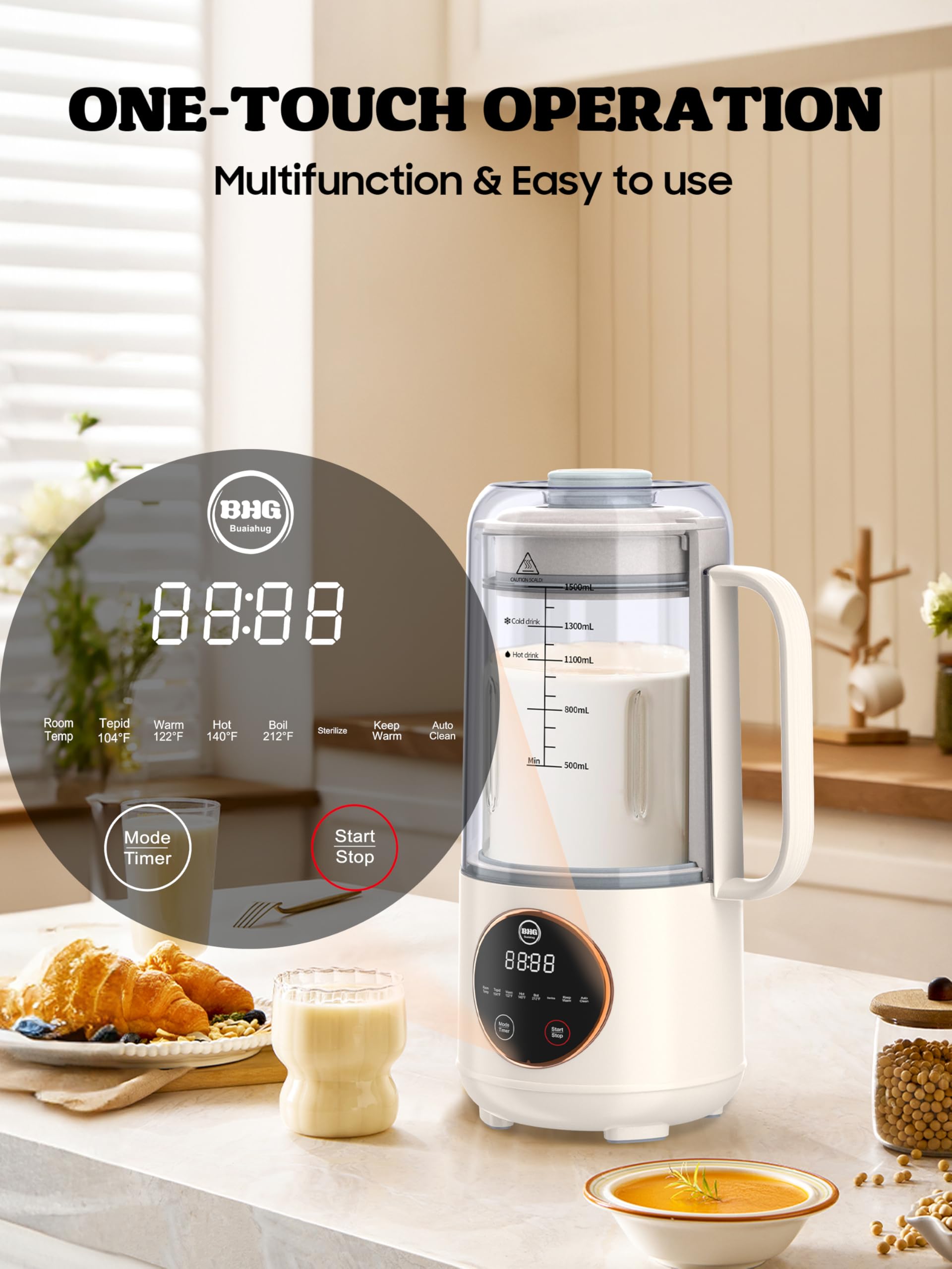 45oz Nut Milk Maker - 10-in-1 Homemade Plant-Based Milk Machine for Almond, Soy, Oat & Coconut Milk | Multifunctional with 12-Hour Timer, Auto-Clean, Keep Warm & Boil Functions | Perfect for Vegan, Keto & Dairy-Free Lifestyles | Kitchen & Breakfast Essential