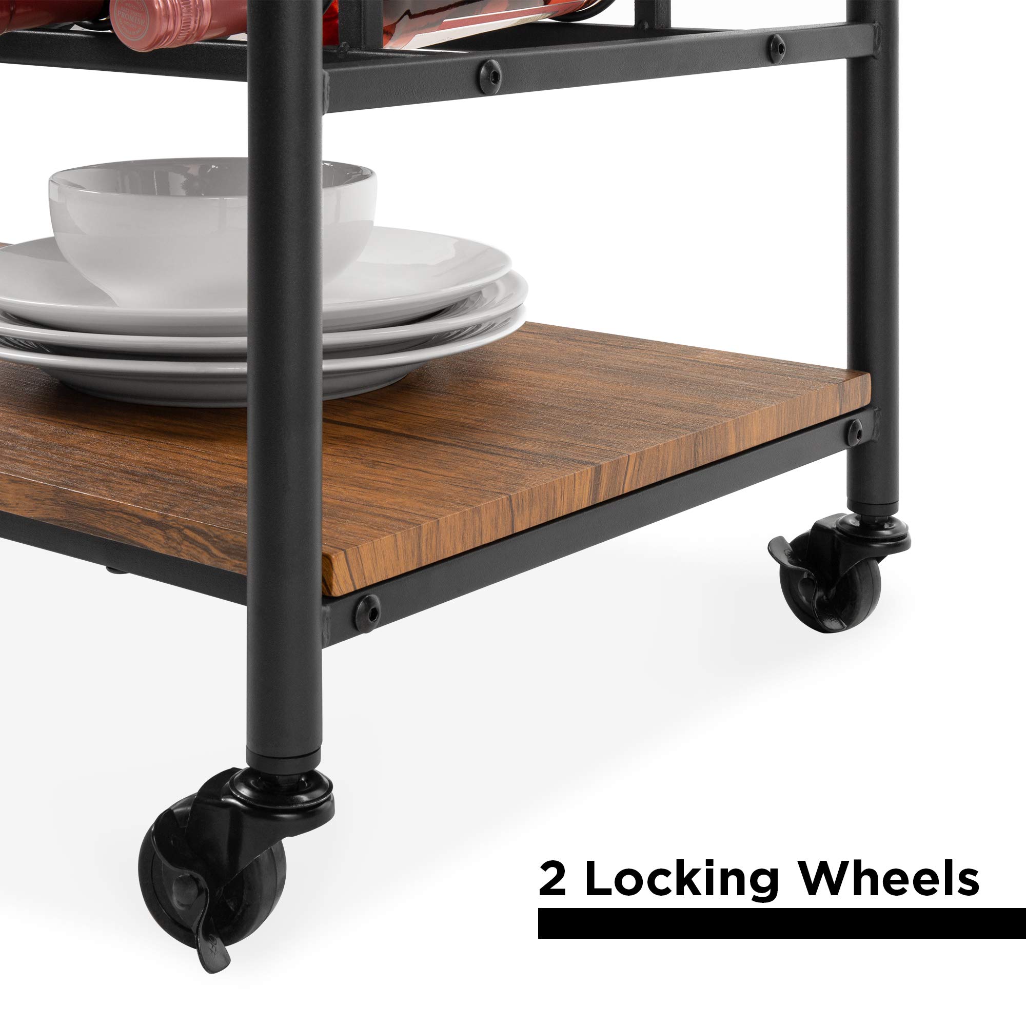 Best Choice Products 45-inch Industrial Wood Shelf Bar & Wine Storage Cart with 14 Bottle Racks & 18 Glass Holders, Locking Caster Wheels - Perfect for Home Bars, Restaurants, and Wine Cellars