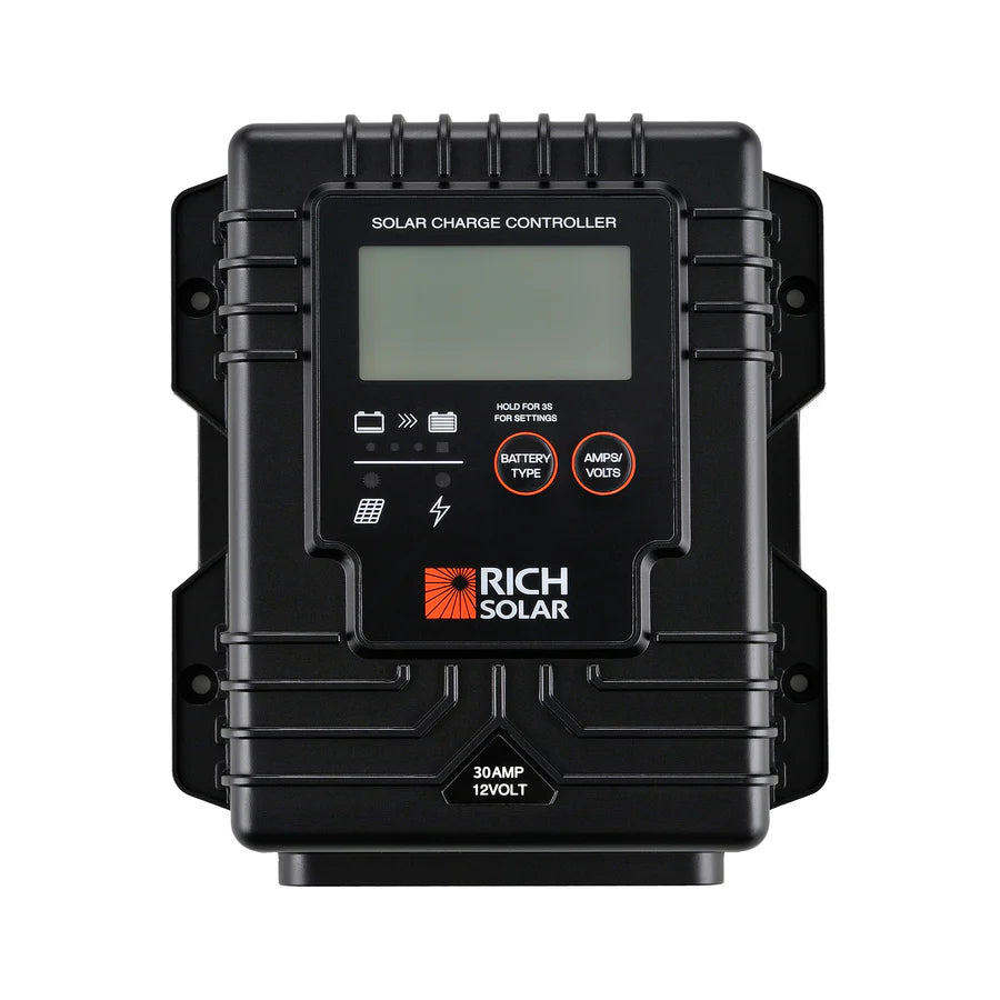 Rich Solar 30 Amp PWM Waterproof Solar Charge Controller - 12V/24V Auto, LCD Display for RV, Boat, Off-Grid Solar System - Perfect for Camping, Marine & Home Solar Power