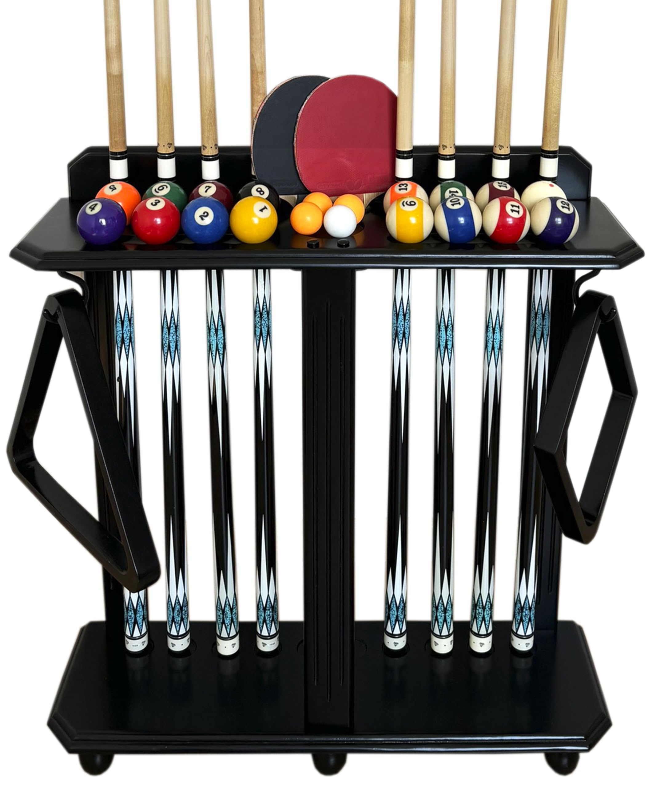 Premium Wooden Billiard Cue Rack - Holds 10 Pool Cue Sticks, Durable Floor Standing Pool Cue Holder for Billiard Game Room & Home Bar (Black) - Perfect for Organizing Cues in Game Rooms, Bars, and Man Caves