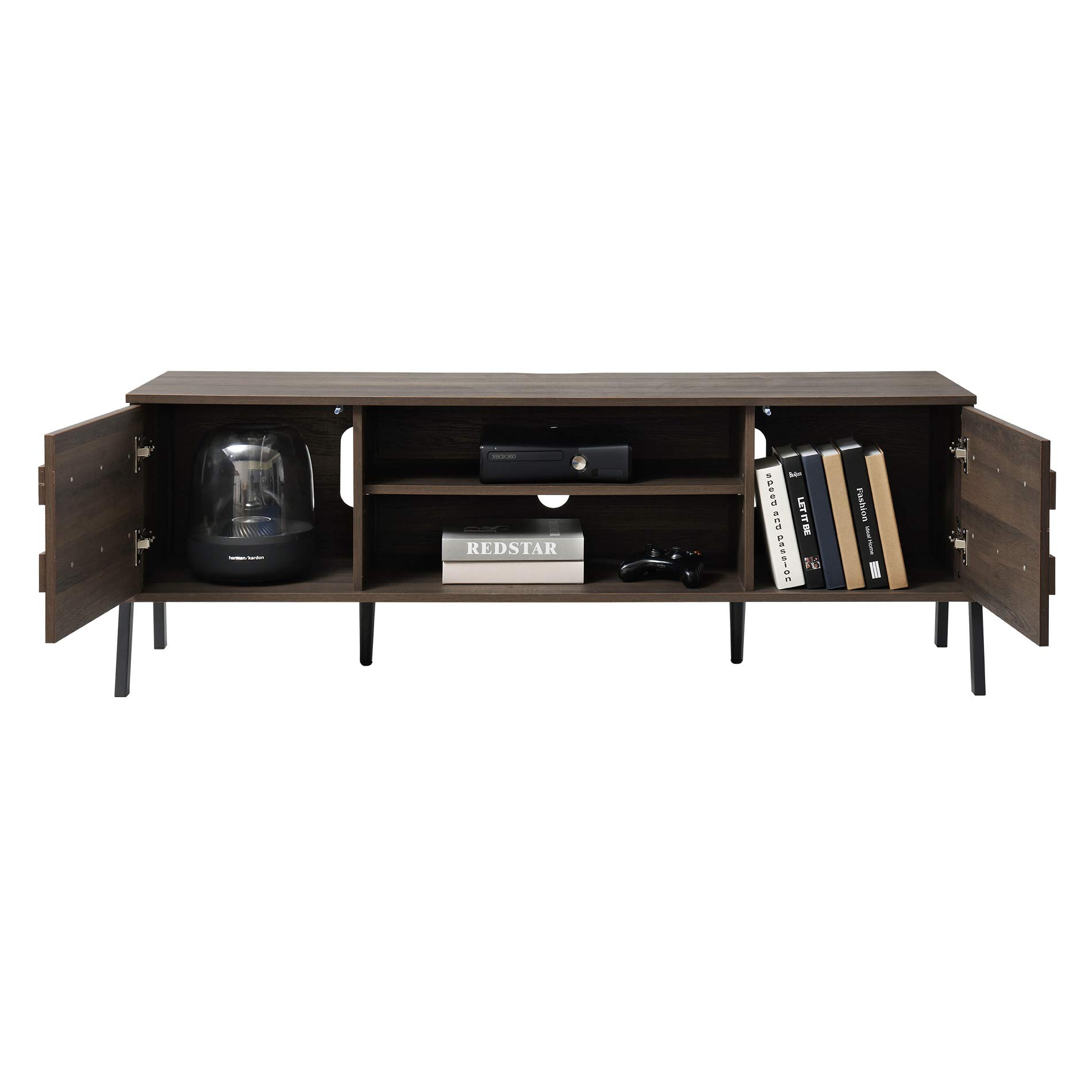 FITUEYES 60 Inch Mid-Century Modern TV Stand with Storage Cabinet - Retro Wood Entertainment Center for 65 Inch Flat Screen TVs - Espresso TV Console Table with Metal Legs for Living Room & Bedroom - Perfect for Home Theater Setup & Media Organization