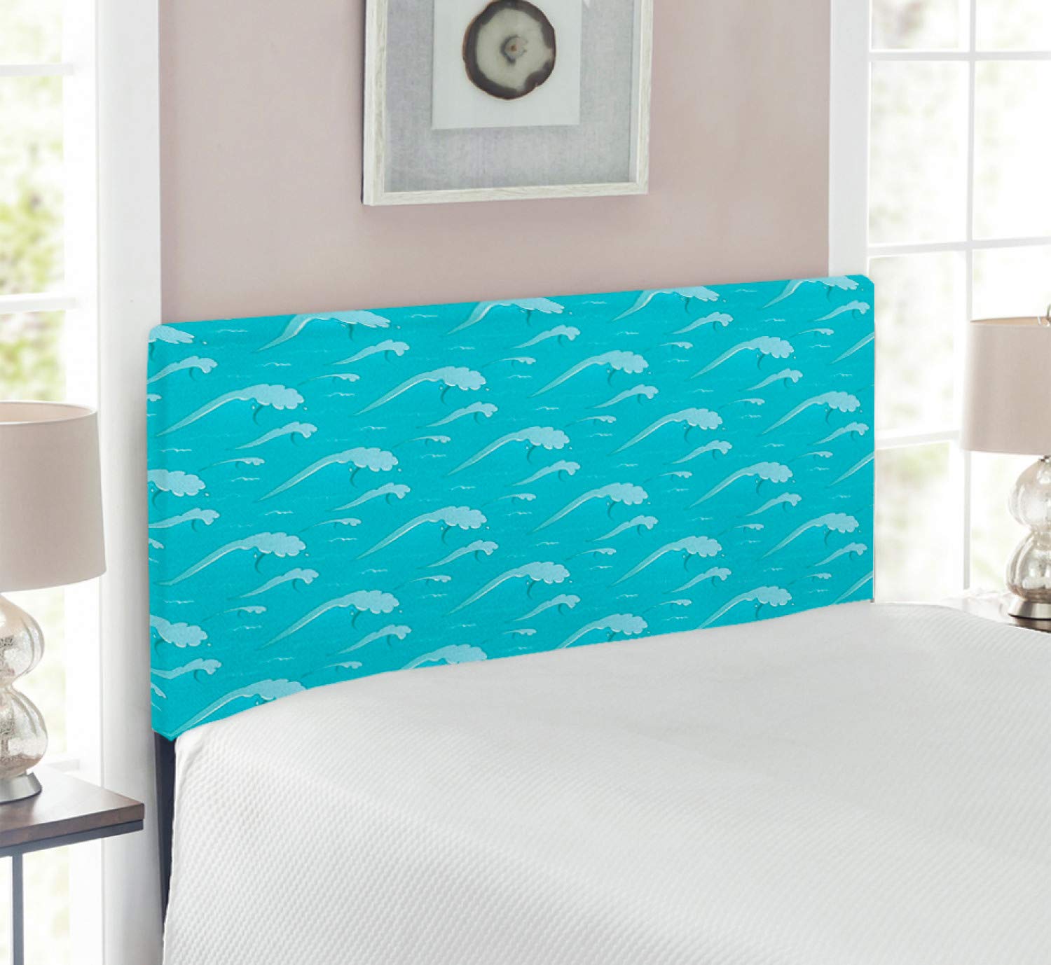 Ambesonne Teal Upholstered Headboard with Memory Foam - Ocean Wave Pattern in Japanese Style Artwork, Twin Size Green Bed Headboard for Coastal & Boho Bedroom Decor