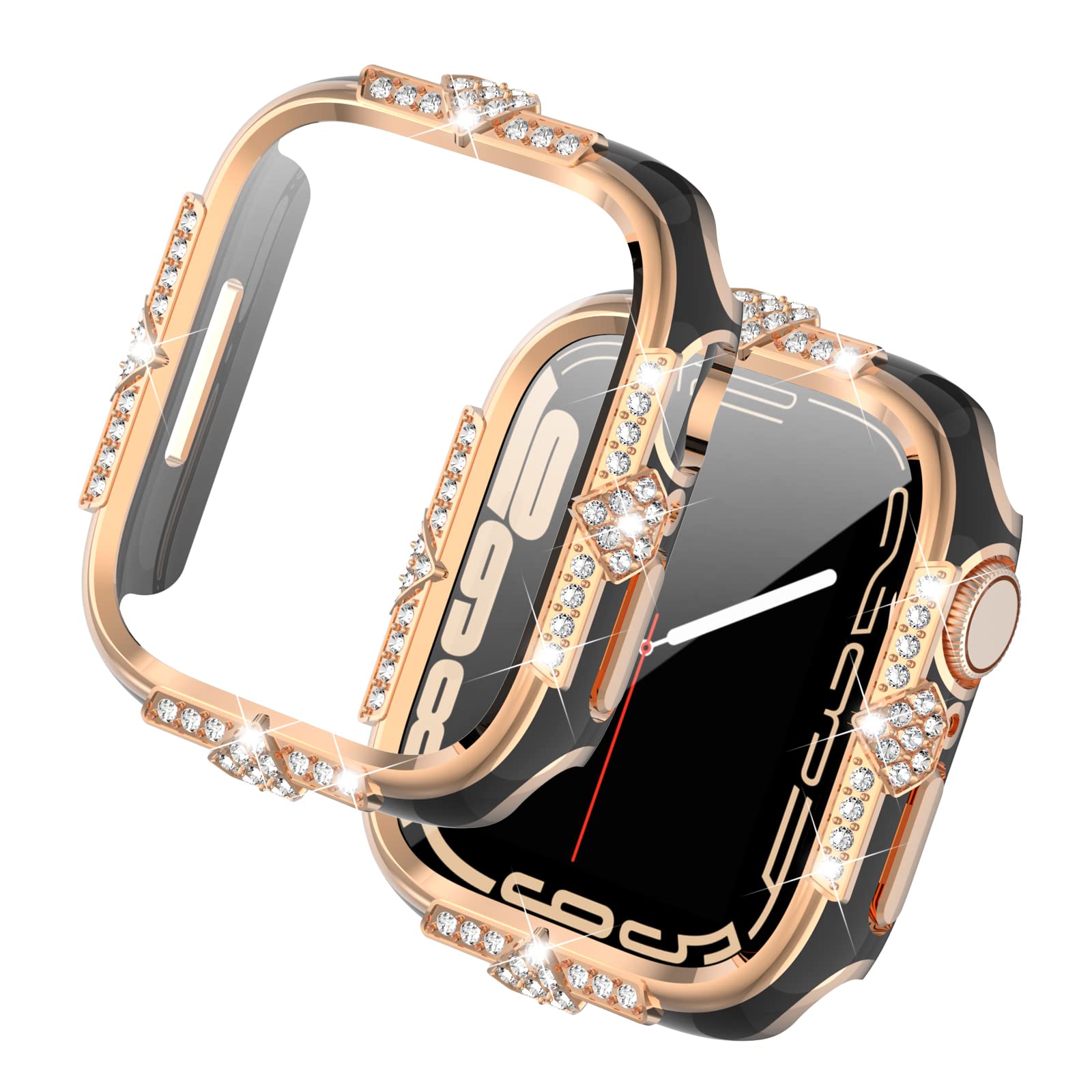 Sparkle Diamond Protective Case for Apple Watch Series 10/9/8/7/6/5/4/SE - 40mm/41mm/42mm/44mm/45mm/46mm Rhinestone Cover with Built-in Screen Protector - Elegant Women's iWatch Accessory (Black-Rose Gold, 44mm) - Perfect for Daily Wear, Workouts & Special Occasions