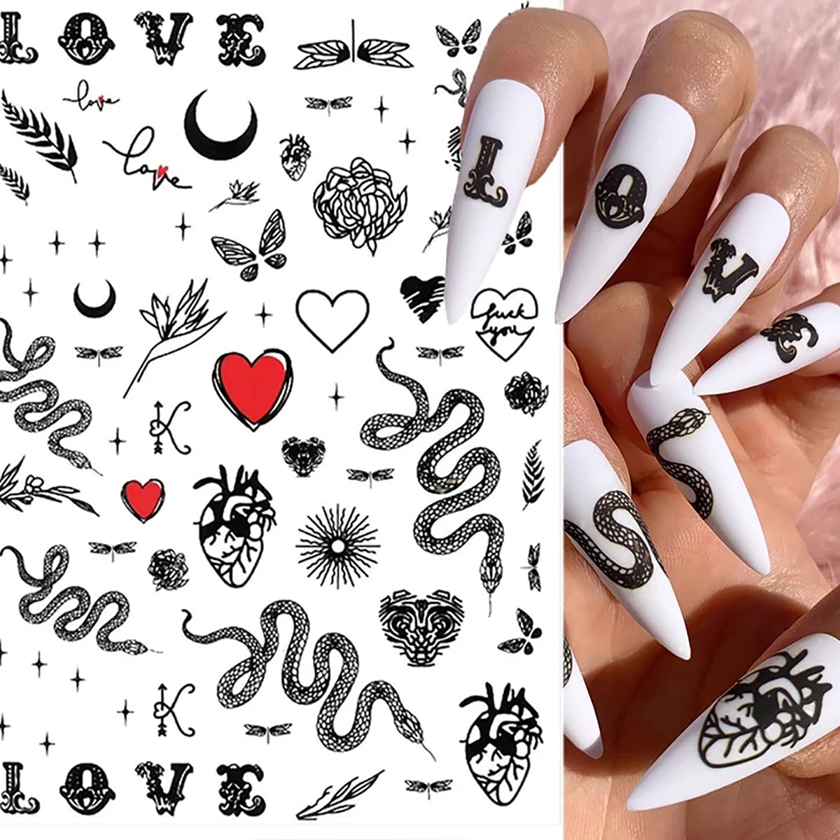 3D Self-Adhesive Snake & Skull Nail Art Stickers - 6 Sheets Dark Gothic Nail Decals for Acrylic Nails, Manicure Tips & Nail Art Designs (Perfect for Halloween, Gothic Parties & Dark Aesthetic Nail Art)