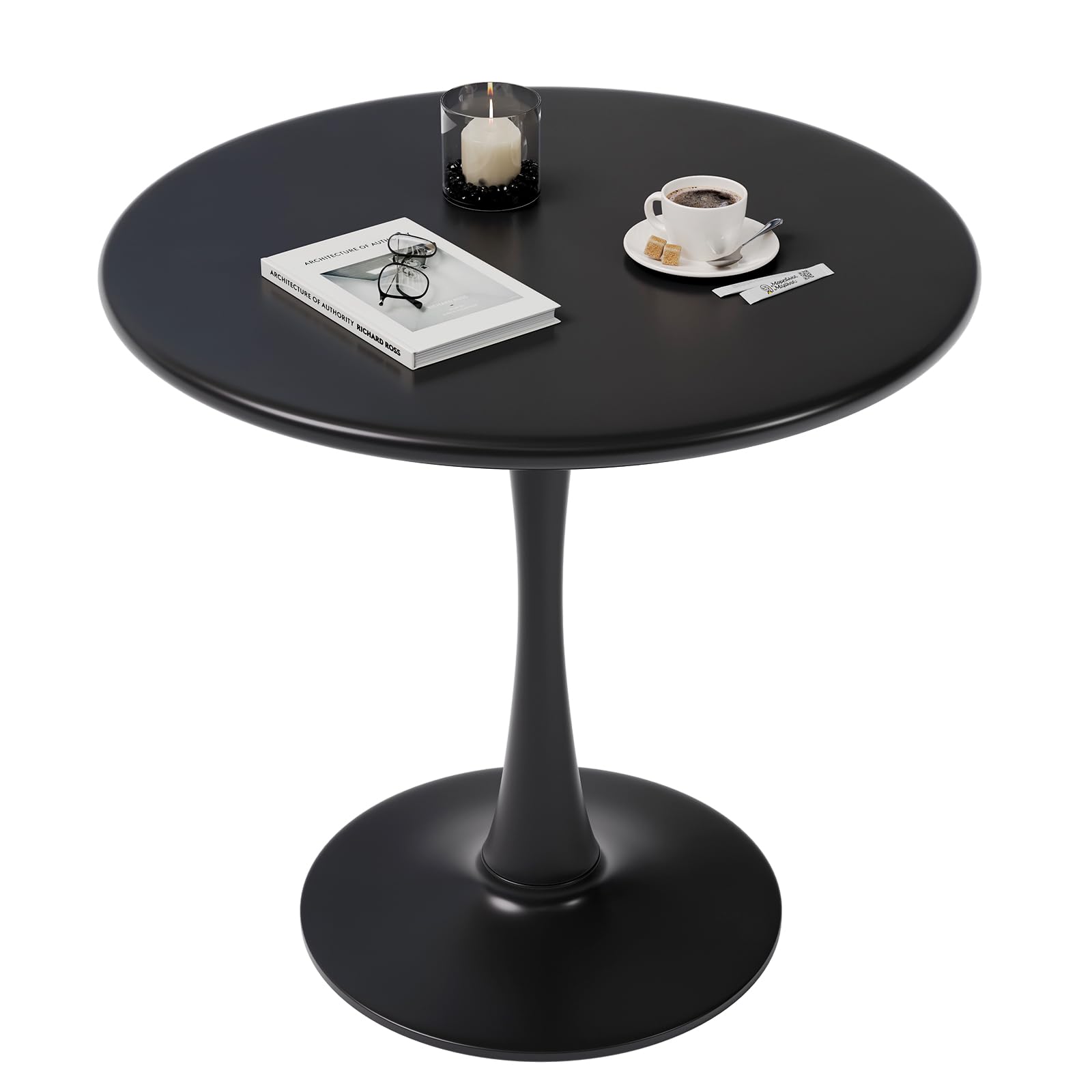 28 Inch Black Round Tulip Dining Table for 2 - Small Pedestal Base Kitchen & Bistro Table - Mid Century Modern Design for Living Room, Office & Cafe Use