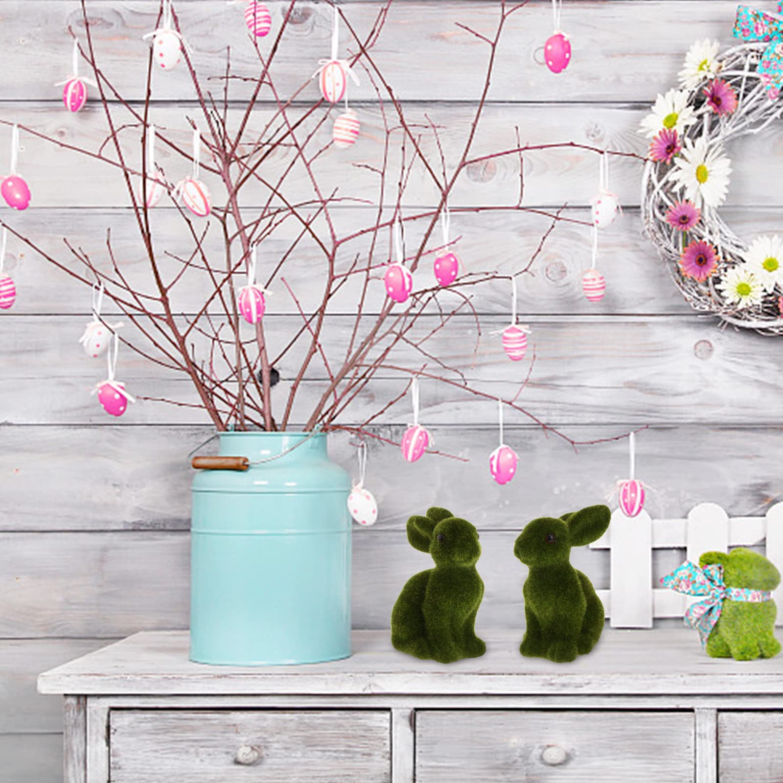 WINOMO 2Pcs Flocked Easter Bunny Figurines - Standing Furry Rabbit Sculpture for Easter Party Decorations, Home Decor, Table Centerpiece, Spring Gift Ideas (Green)