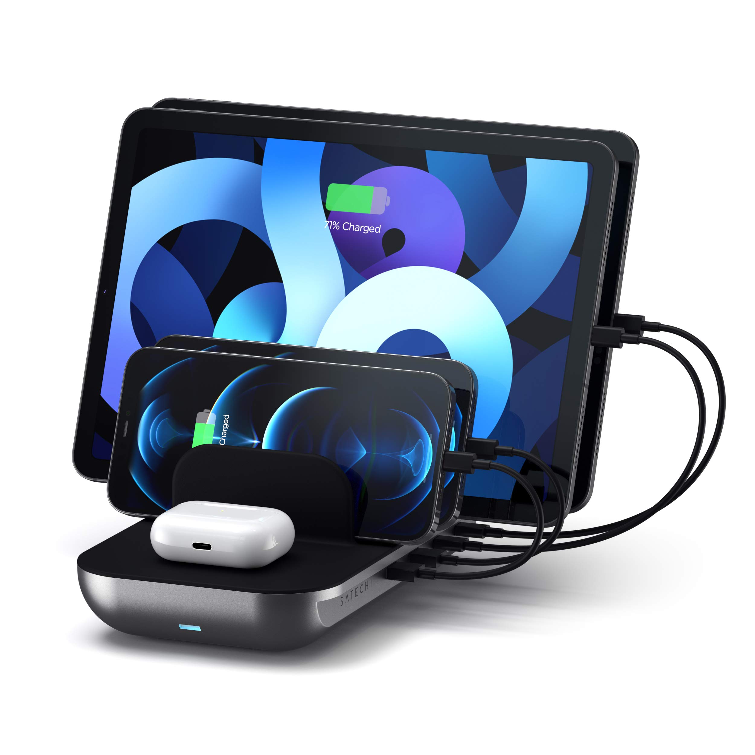 Satechi 5-in-1 Multi Device Charging Station with Fast Wireless Charging Pad - Compatible with iPad Pro/Air/Mini, iPhone 16/15/14/13/12/11, AirPods 3rd Gen & More - Perfect for Home Office, Nightstand & Travel Organization