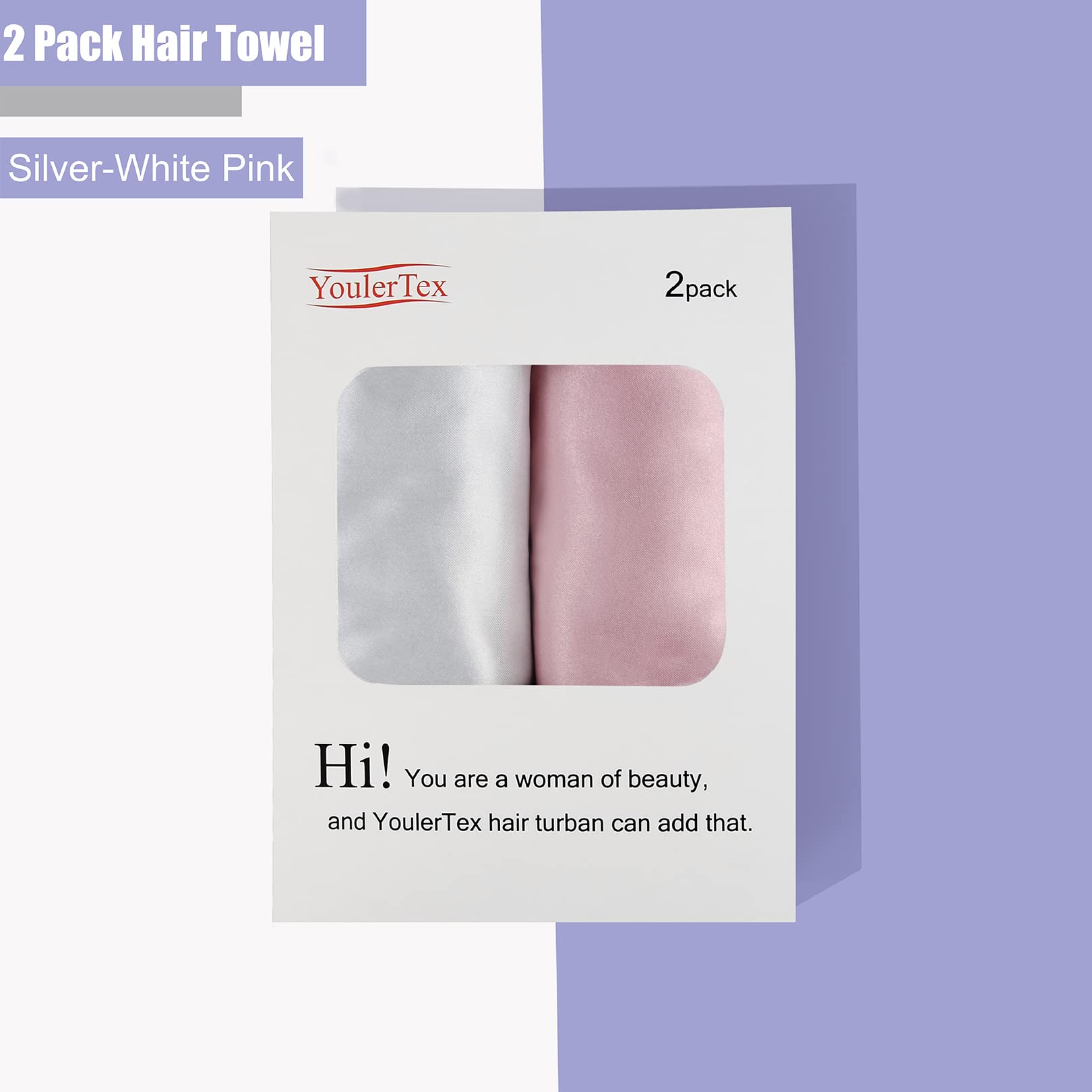 YoulerTex Microfiber Hair Towel Wrap Turban 2-Pack - Ultra Absorbent Quick Dry Hair Towels for Women with Curly, Long & Wet Hair - Anti-Frizz Plopping Hair Towel for Post Shower & Styling (Pink/Silver-White) - Perfect for Home, Salon & Travel Use