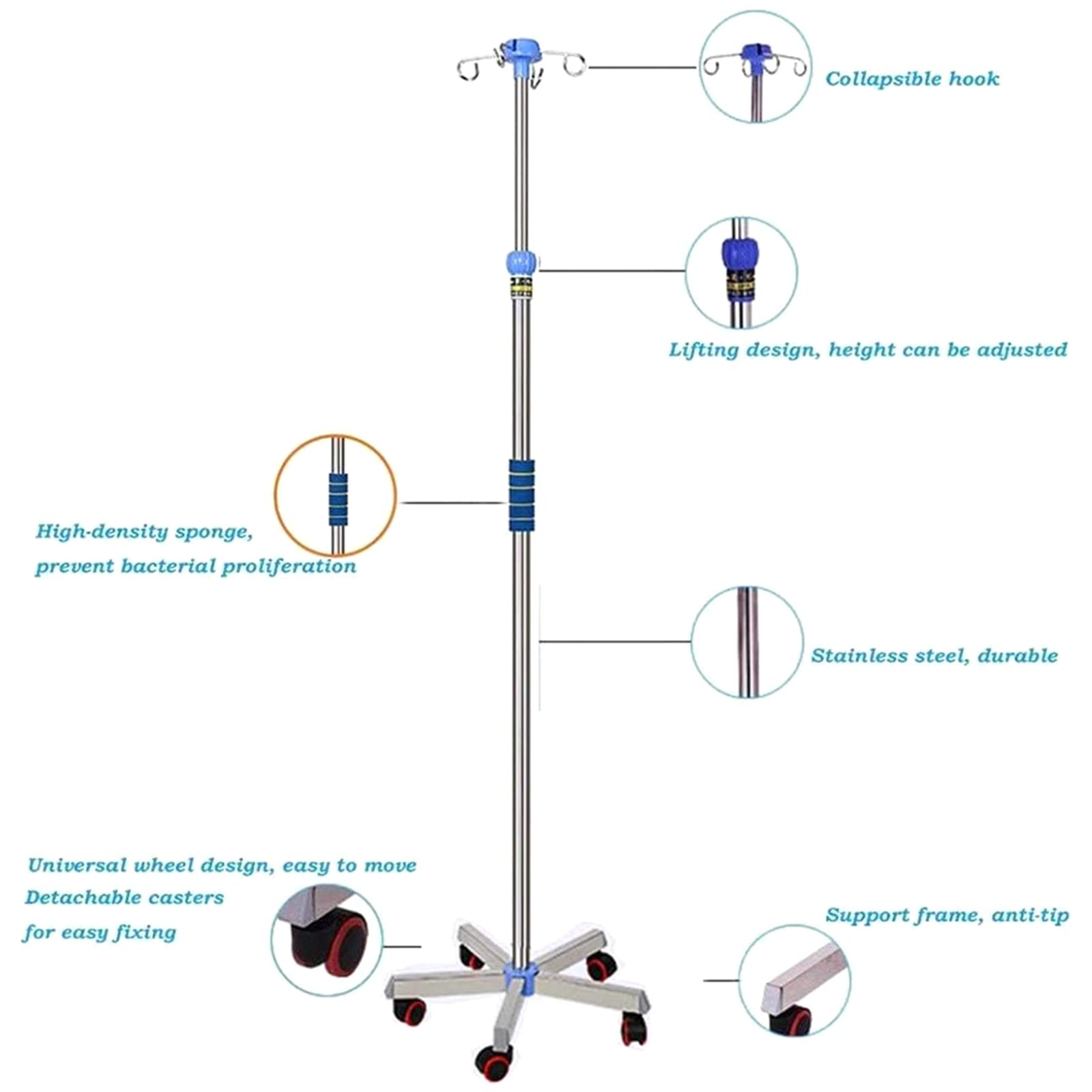 Adjustable Stainless Steel IV Pole Stand with Wheels - Portable Rolling Medical Infusion Drip Stand for Hospitals, Clinics & Home Healthcare Use