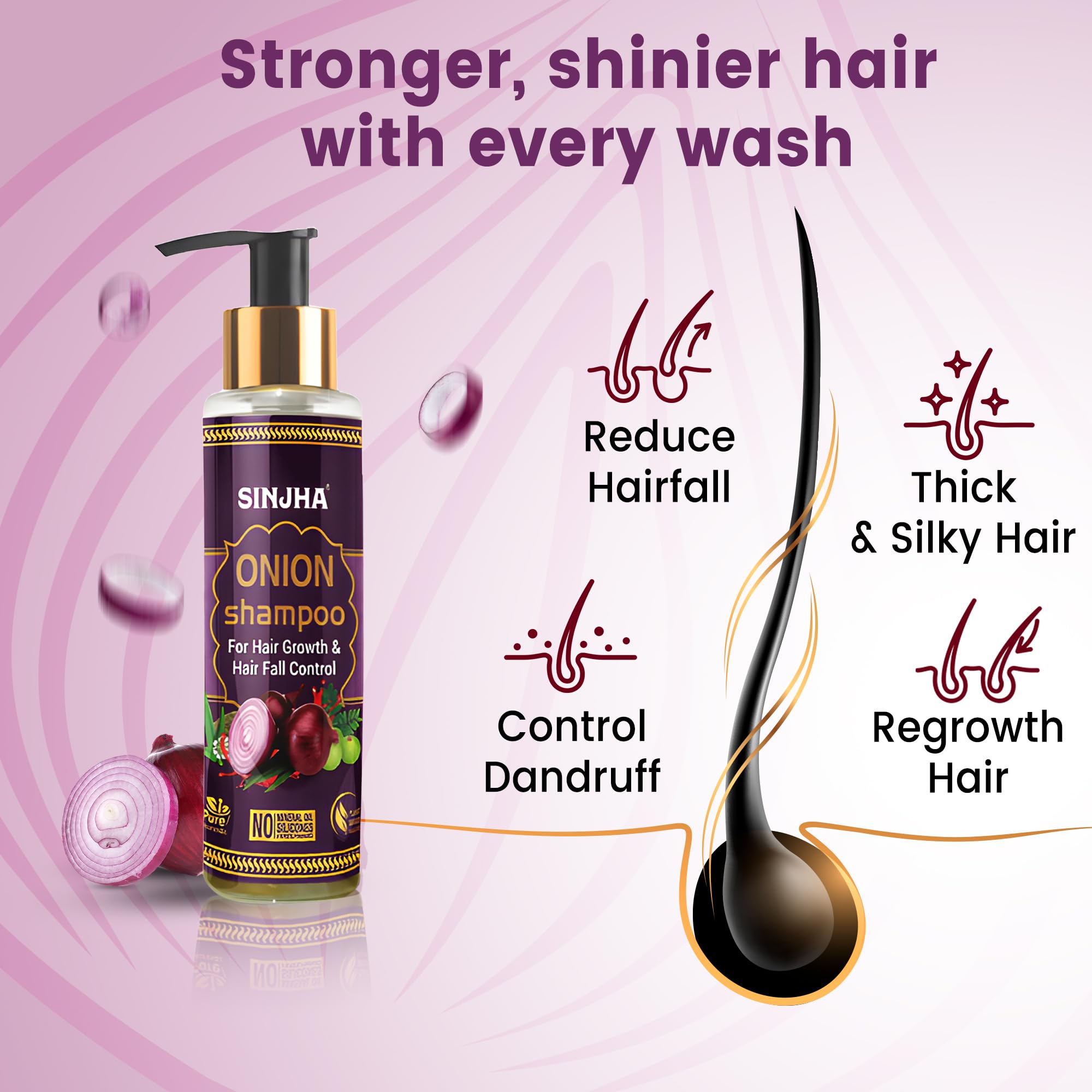 Sinjha Onion Shampoo for Hair Growth & Hair Fall Control - 100ml | Natural Hair Care Solution for Thicker, Stronger Hair | Perfect for Daily Use & Scalp Nourishment