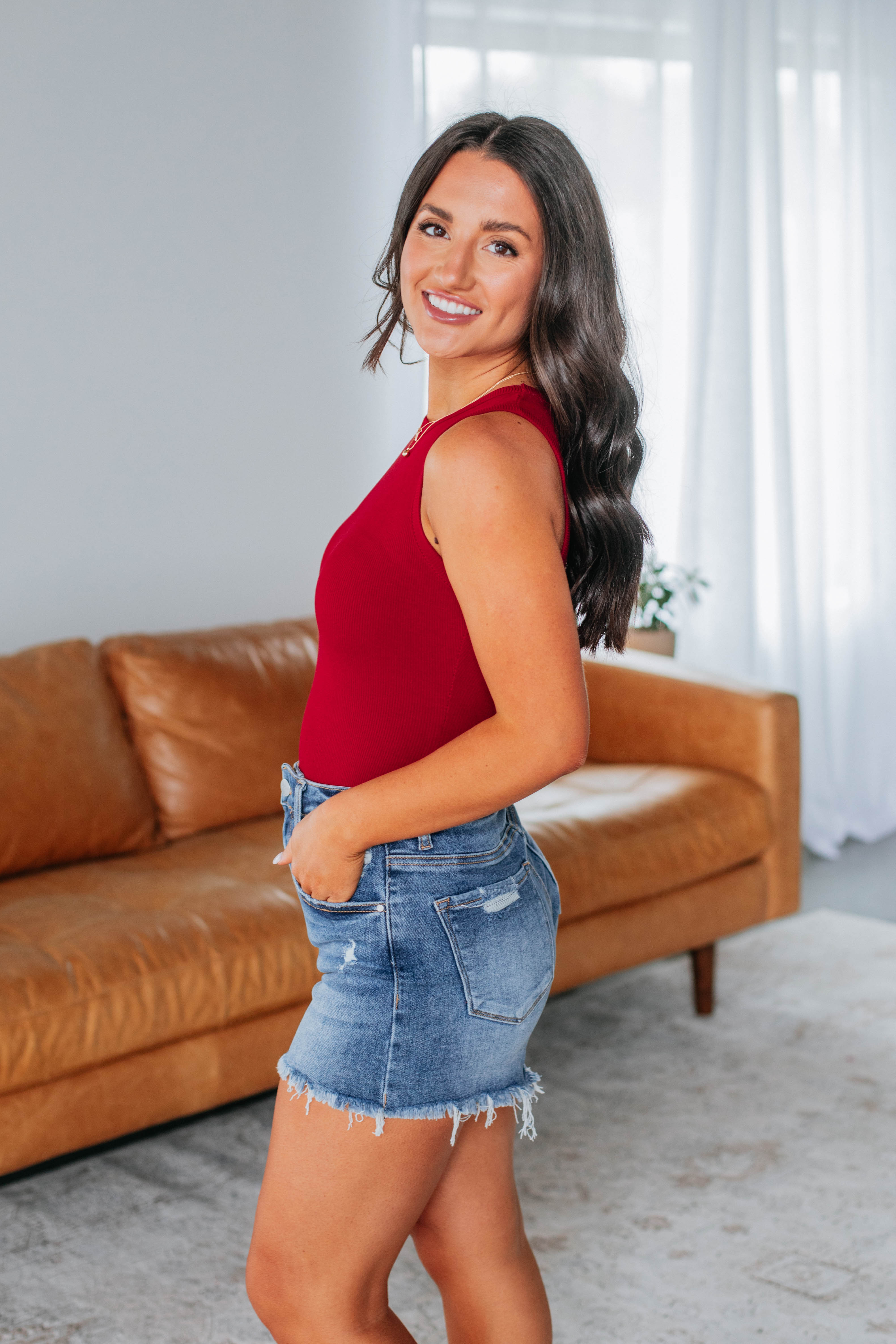 April Ribbed Bodysuit for Women - Stretchy Crimson Red Long Sleeve Bodycon Top - Perfect for Layering, Date Night & Casual Outfits