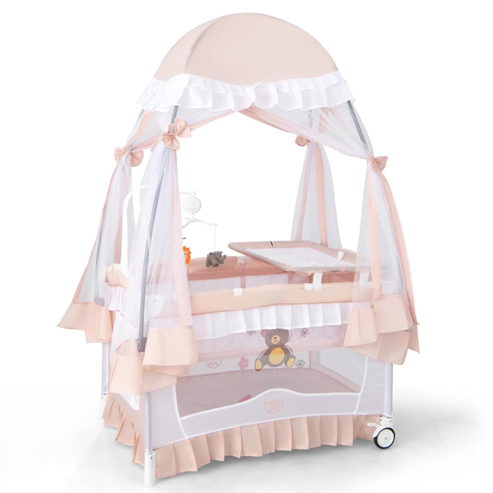 BABY JOY 4-in-1 Portable Playard with Canopy & Bassinet - Foldable Baby Crib with Wheels & Brake for Newborn to Toddler - Perfect for Travel, Nursery & Playtime (Pink)