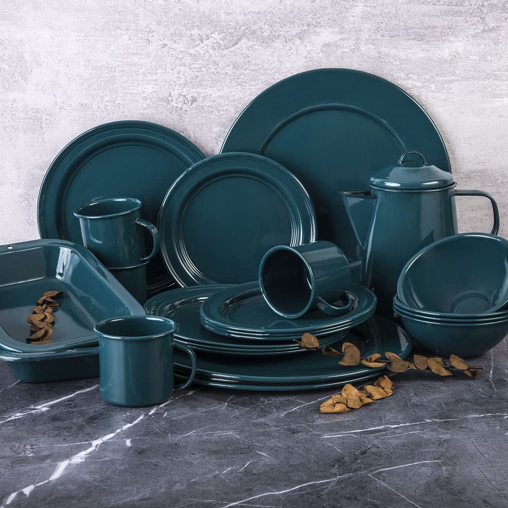 Cinsa 23-Piece Enameled Dinnerware Set for 4 - Camping & Outdoor Plates, Bowls, Mugs & Coffee Boiler - Durable, Easy Clean, Fire-Resistant Green Tableware - Perfect for Picnics, RV Trips & Backpacking Adventures