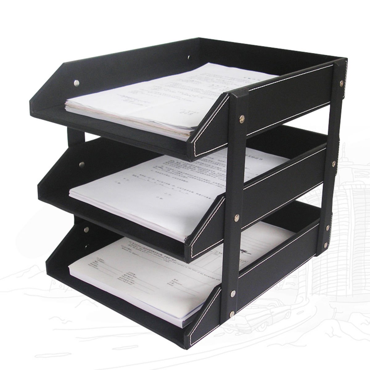 Premium Leather Letter Tray Organizer - 3-Tier Wooden Desk File Holder for Mail, Magazines & Documents | Stackable Office & Home Storage Solution | Black