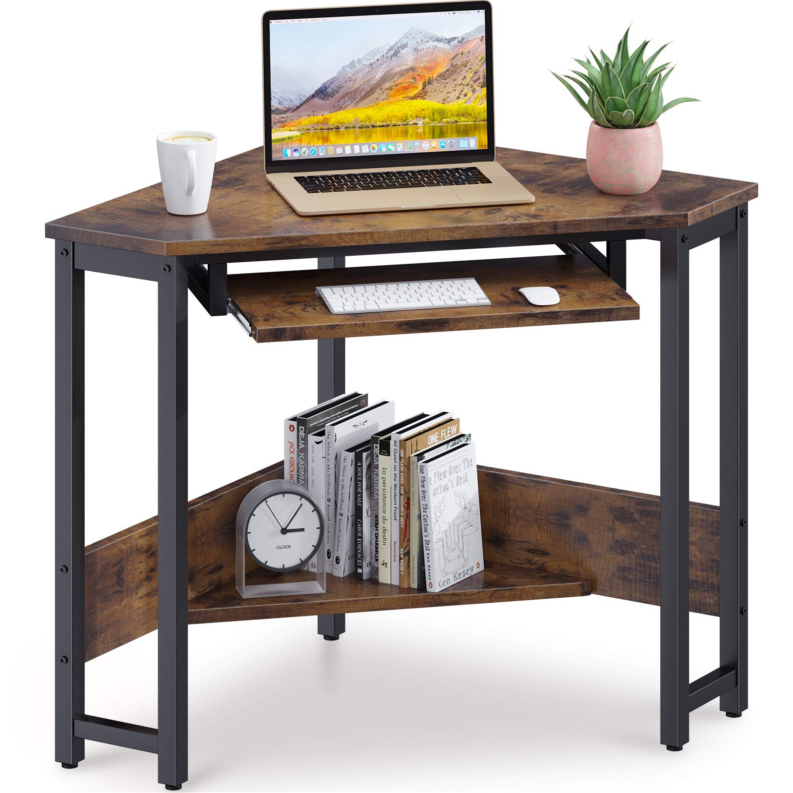 Vintage Triangle Corner Computer Desk with Sturdy Steel Frame, Smooth Keyboard Tray & Storage Shelves - Compact Workstation for Home Office, Gaming, and Small Spaces
