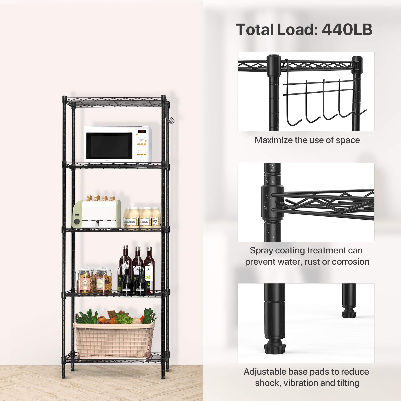 5-Tier Adjustable Wire Storage Shelf - Heavy Duty Metal Organizer Rack for Kitchen, Garage, Pantry & Closet - Black (21.3