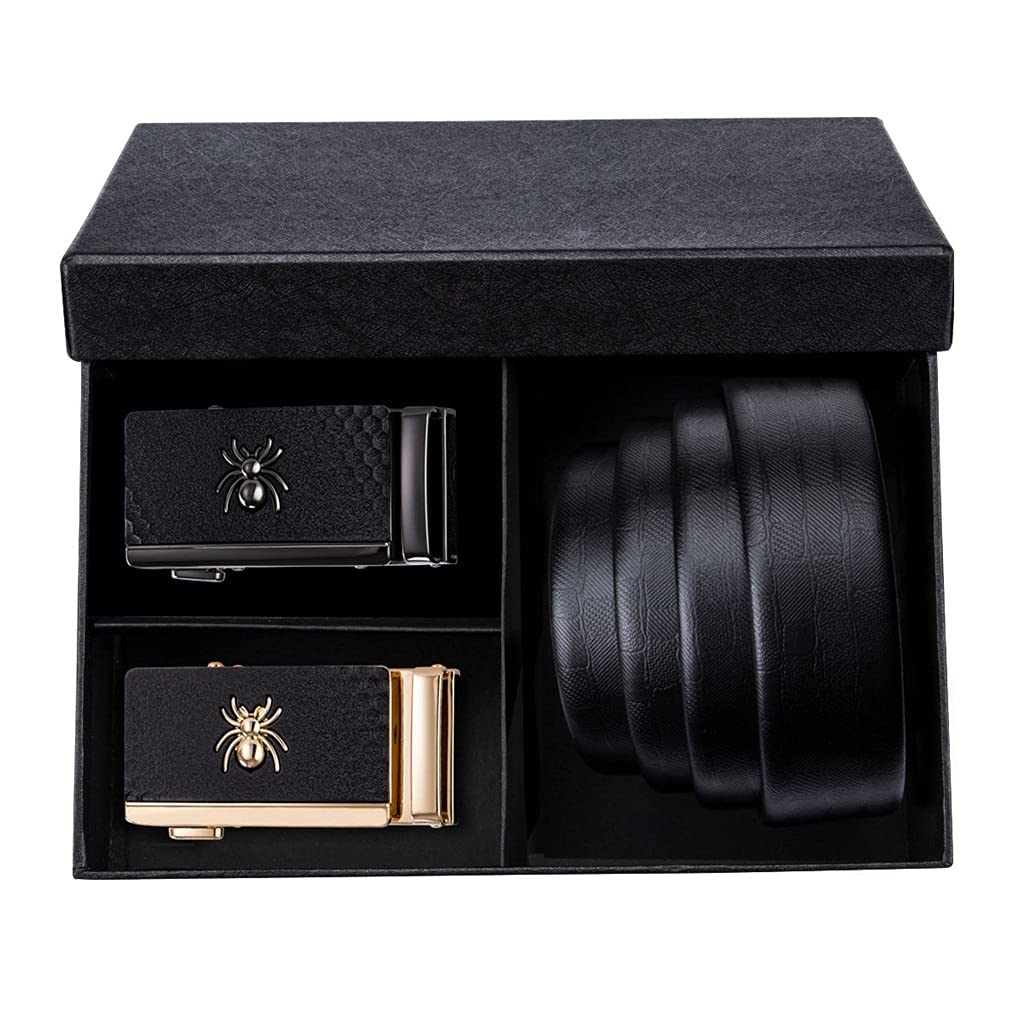 Premium Genuine Cowhide Leather Belt for Men - Automatic Slide Ratchet Buckle, Adjustable Waist Belt - Perfect for Formal Wear, Wedding, Business & Office Attire - Ideal Gift Box Set for Him