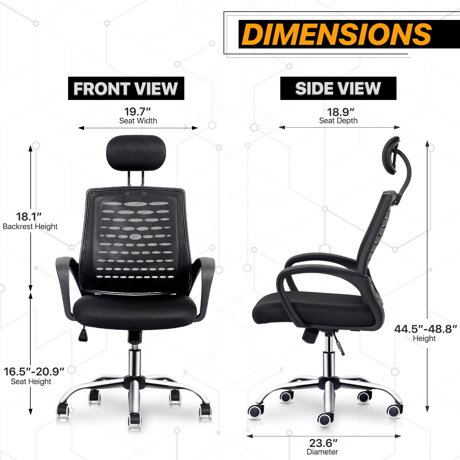 Premium Black Mesh Office Chair with Adjustable Headrest & Armrests - Ergonomic Computer Task Chair with Rectangular Desk Mat for Carpet - Perfect for Home Office, Gaming & Workspaces