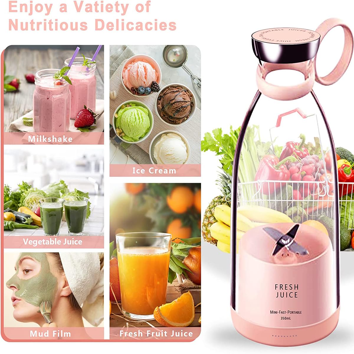 Portable Juicer Blender - 350ml Wireless Electric Blender for Fresh Juice, Smoothies & Milkshakes | Compact Travel-Ready Design | Perfect for Home, Office, Gym & Outdoor Adventures