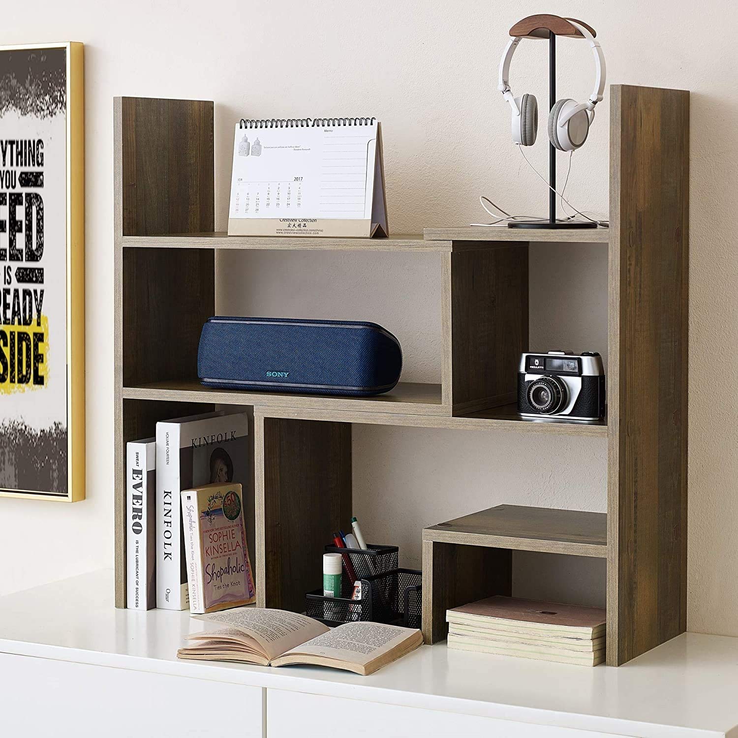 Compact Adjustable Dorm Desk & Bookshelf - Rustic Brown Wood Study Organizer for Small Spaces, College Dorm, Home Office & Bedroom
