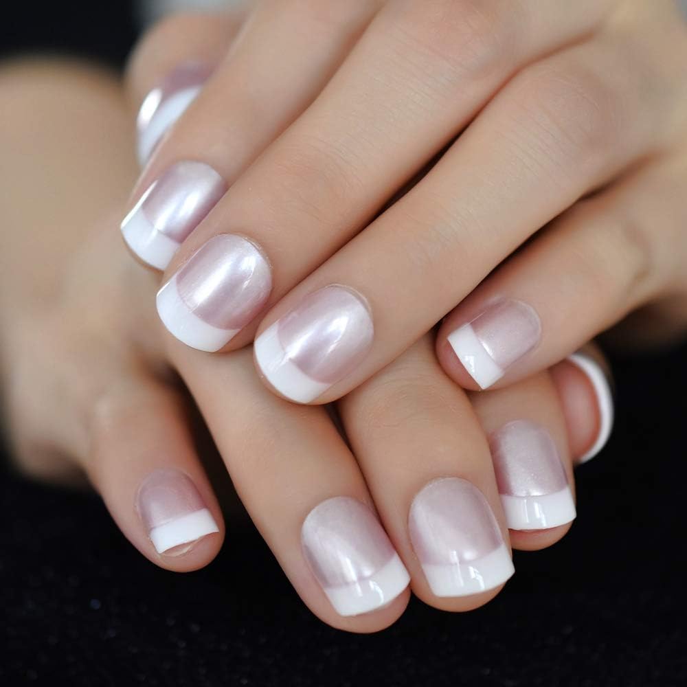 Glossy Pearl Pink & White French Press On Nails - Short Squoval Fake Nails for Women | Reusable Salon Manicure Tips | Perfect for Summer, Weddings & Special Occasions | Nail Art Gift for Women & Girls