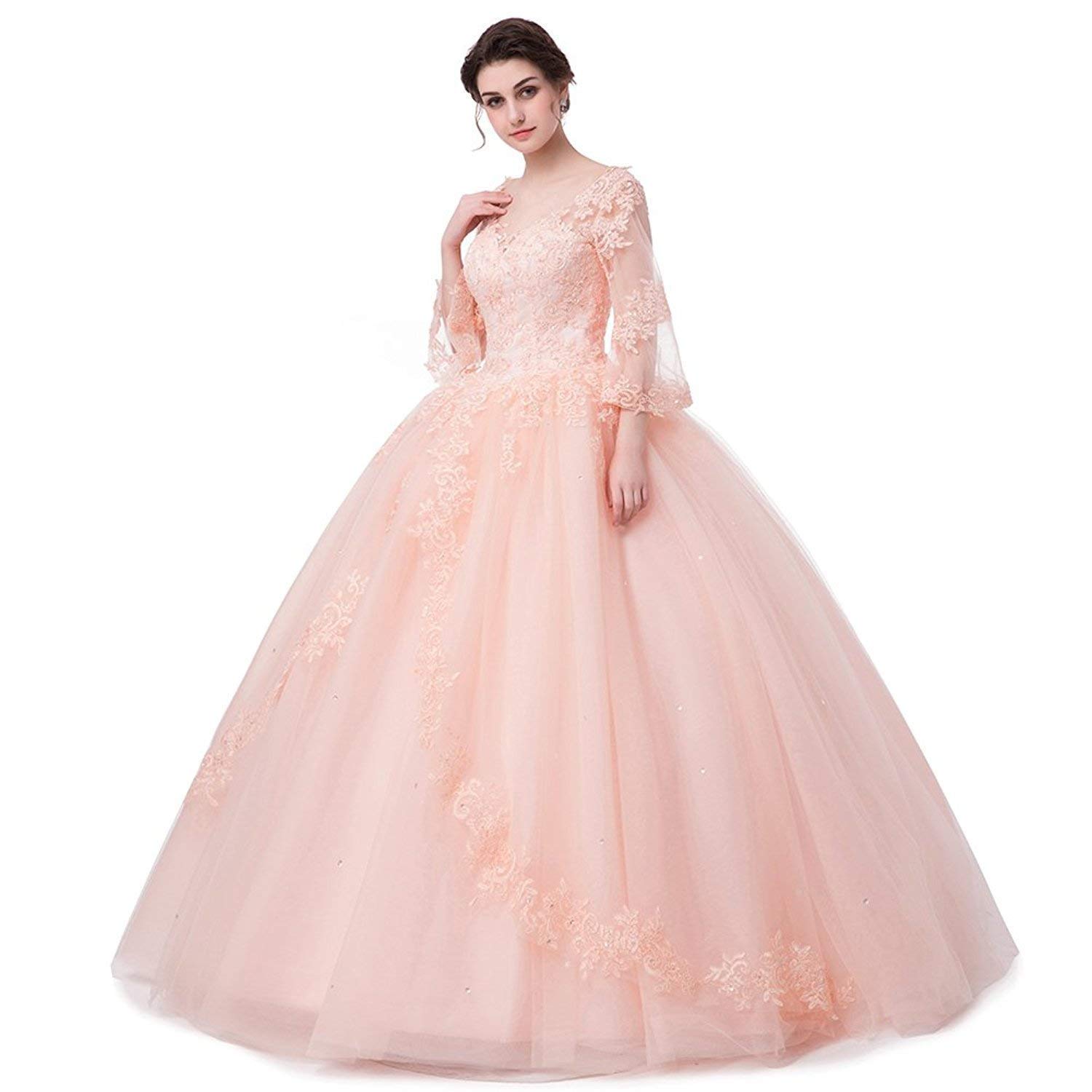 Elegant Peony Women's Lace Appliques Quinceanera Dress - Long Sleeve V-Neck Ball Gown for Prom, Wedding & Special Occasions