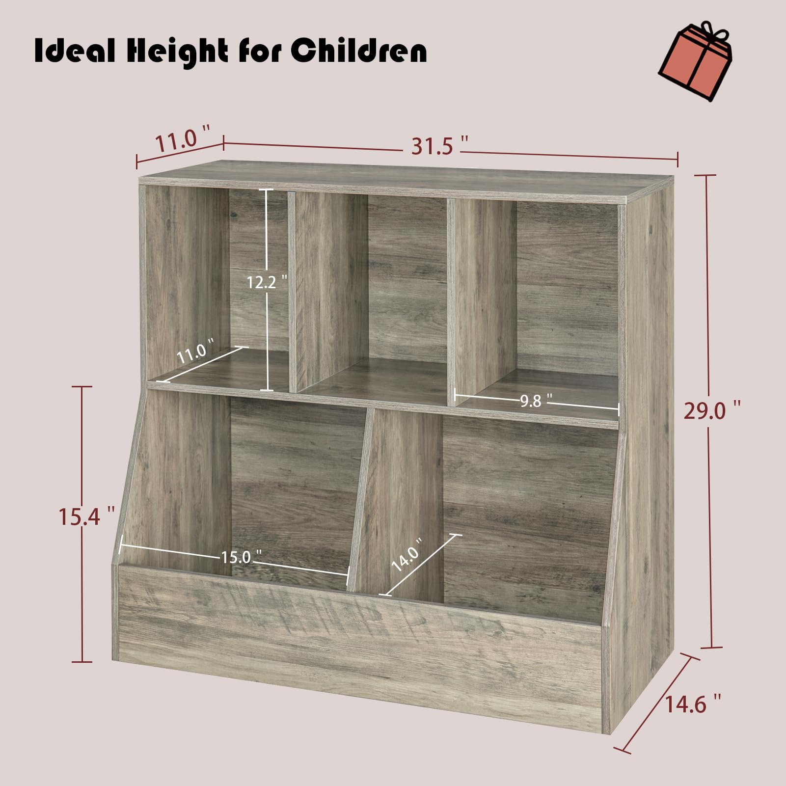 DINZI LVJ Wooden Toy Storage Organizer & Kids Bookshelf - 5-Cubby Children's Bookcase with Gray Wash Finish (31.5