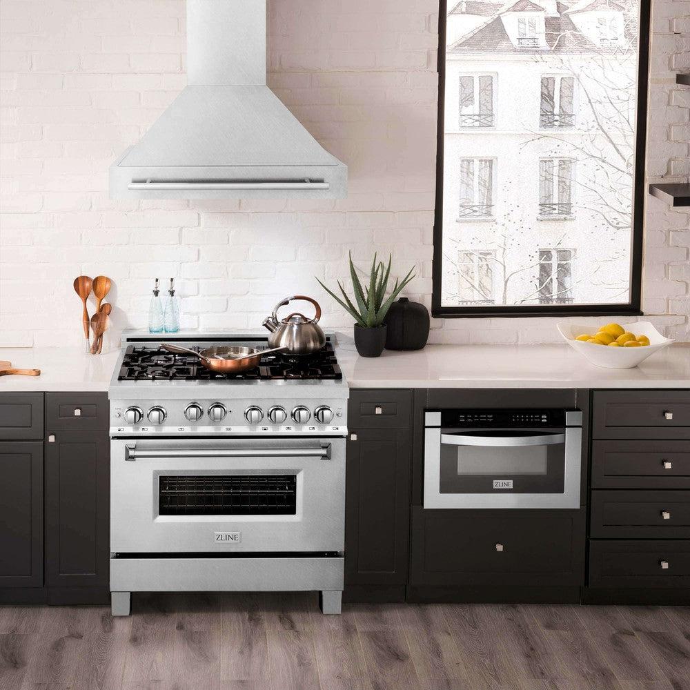 ZLINE 36 Inch Stainless Steel Wall Mount Range Hood with Satin Finish & Stainless Steel Handle (8654SNX 36) - Powerful Kitchen Ventilation for Gas Stoves & Cooking Areas