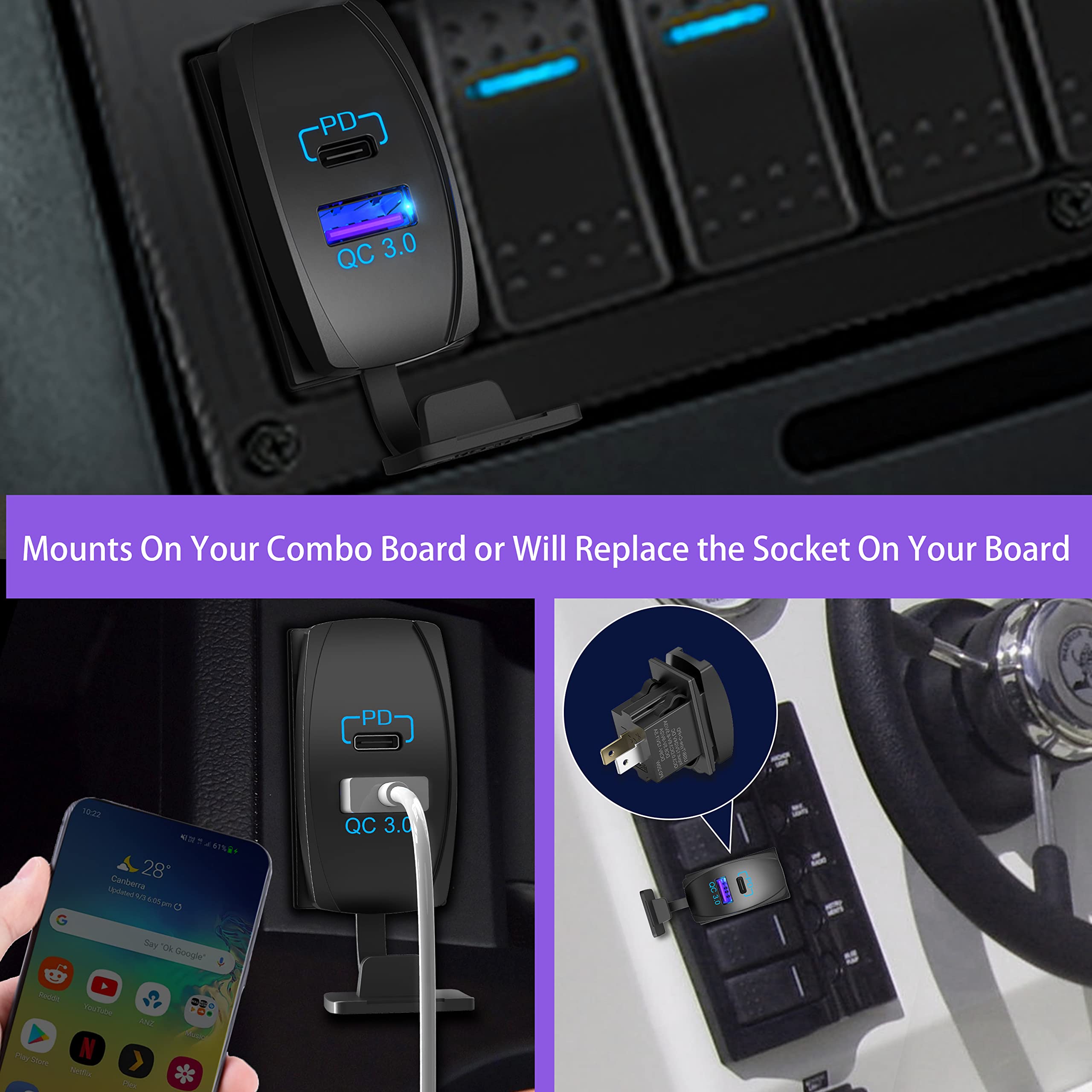 18W Quick Charge 3.0 & PD 20W USB Rocker Switch Charger with LED - Fast Charging for RV, Boat, Marine, Truck, UTV - Perfect for Road Trips & Outdoor Adventures