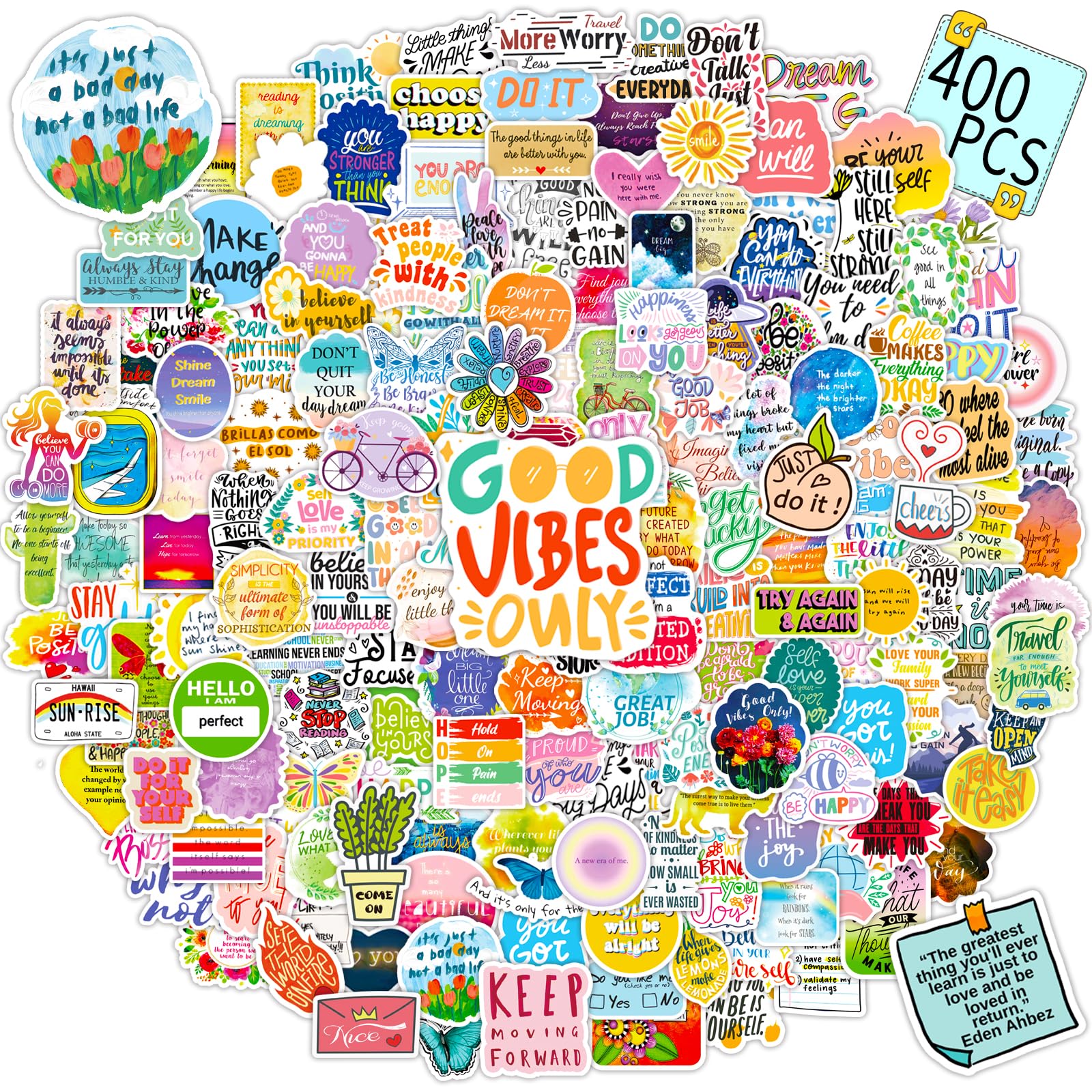 400 PCS Inspirational Motivational Vinyl Stickers - Positive Quote Stickers for Adults & Kids - Waterproof Decals for Laptops, Water Bottles, Journals, Scrapbooks (WM017) - Perfect for School, Office, DIY Crafts & Personalizing Belongings