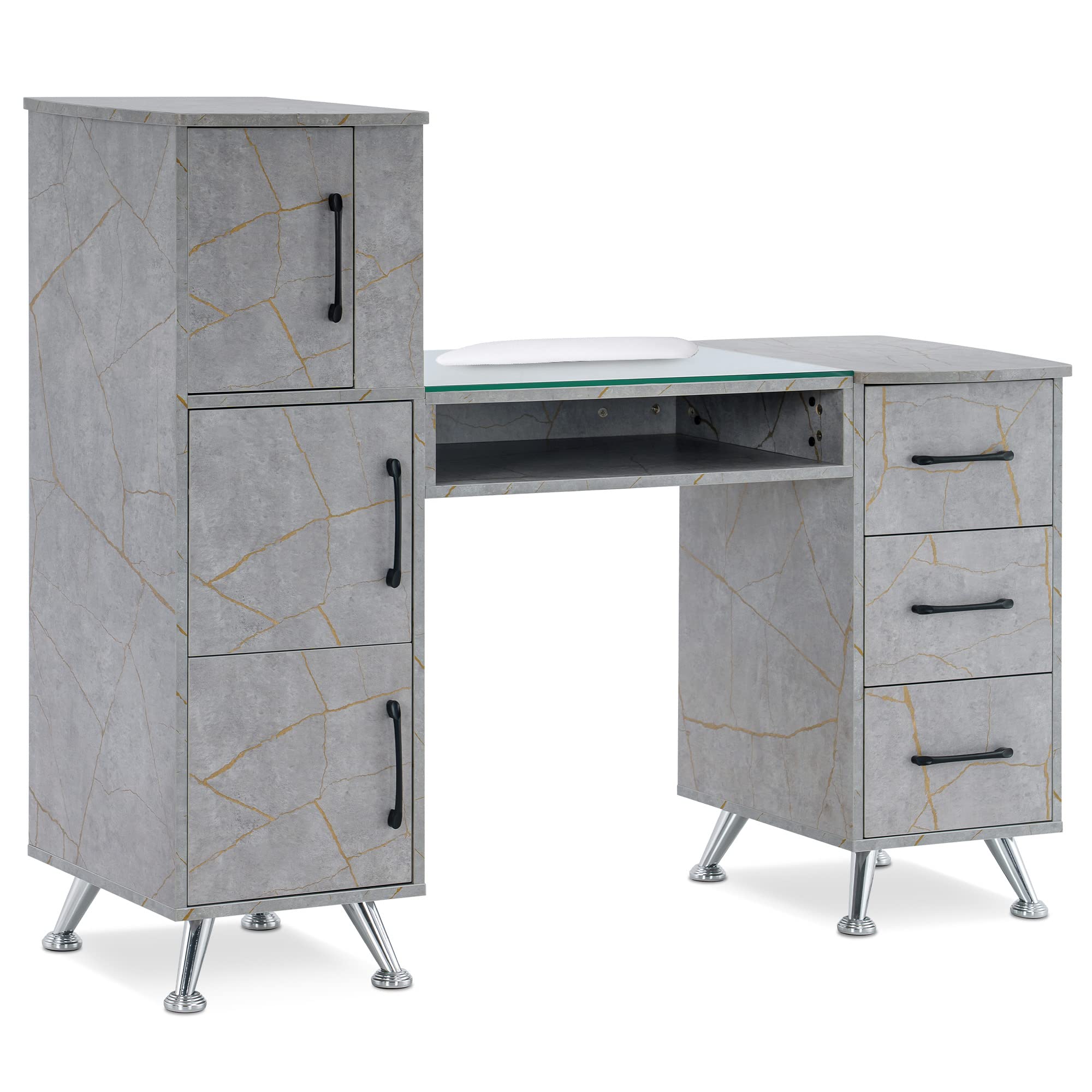 BarberPub Professional Manicure Table with Drawers - Nail Salon Workstation, Beauty Makeup Desk with Storage (Gold & Grey) - Perfect for Nail Technicians, Salon Professionals & Home Use