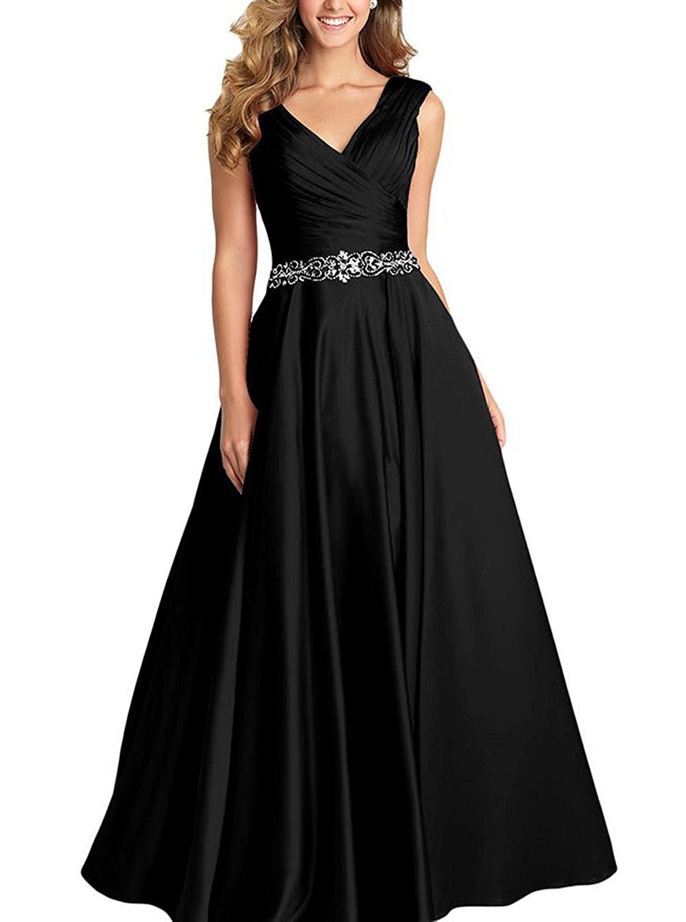 Elegant Black V-Neck Pleated Satin Prom Dress with Beaded Details - Women's Plus Size 18W Formal Evening Gown for Homecoming, Wedding Guest & Special Occasions
