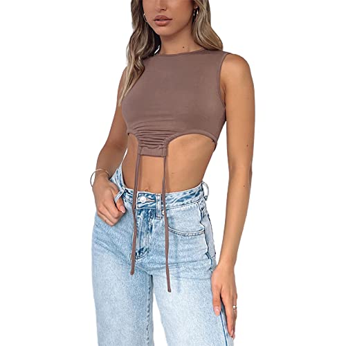 Women's Sleeveless Cropped Tank Top - Solid Color Ribbed Knit Vest with Unique Drawstring Detail | Slim Fit Camisole for Summer, Gym, Yoga & Casual Outfits