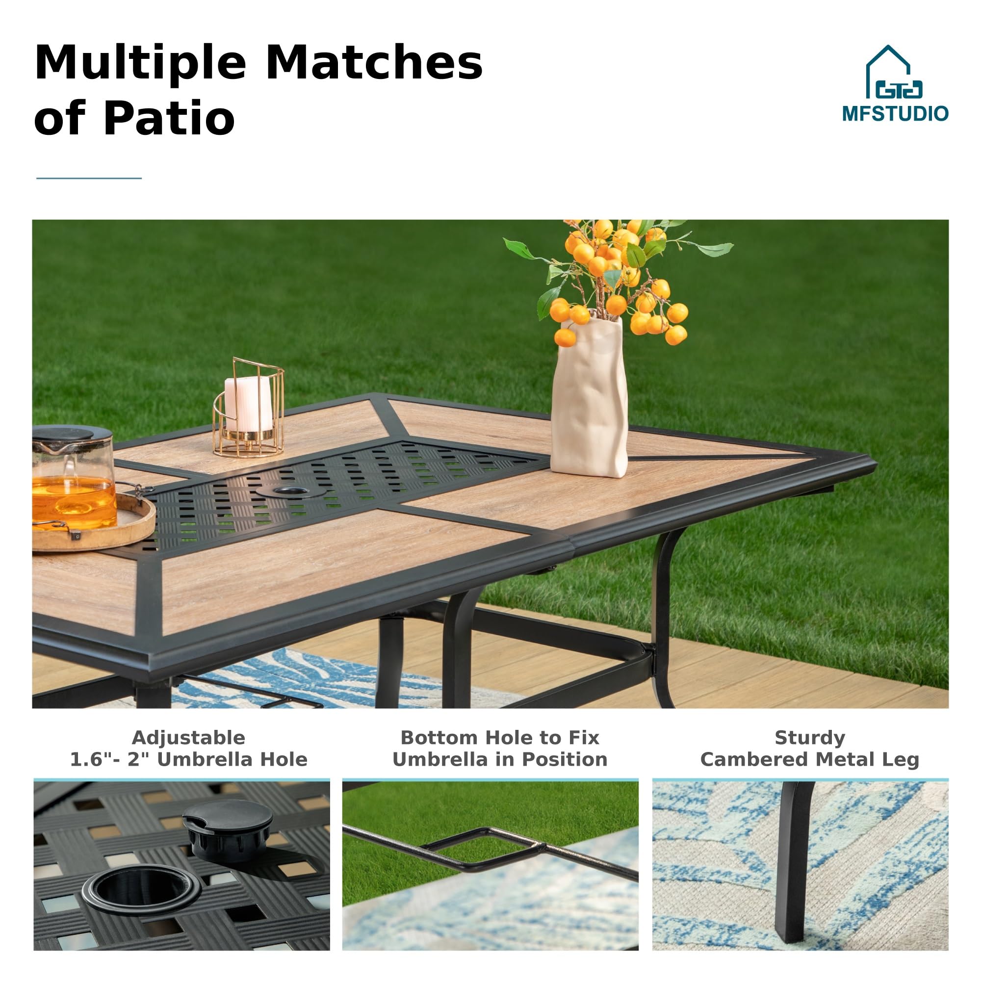 MFSTUDIO 6-Person Outdoor Patio Dining Table with Metal Frame & Weather-Resistant Tabletop - Rectangular Backyard Furniture with Adjustable Umbrella Hole for Garden, Deck, Poolside Dining
