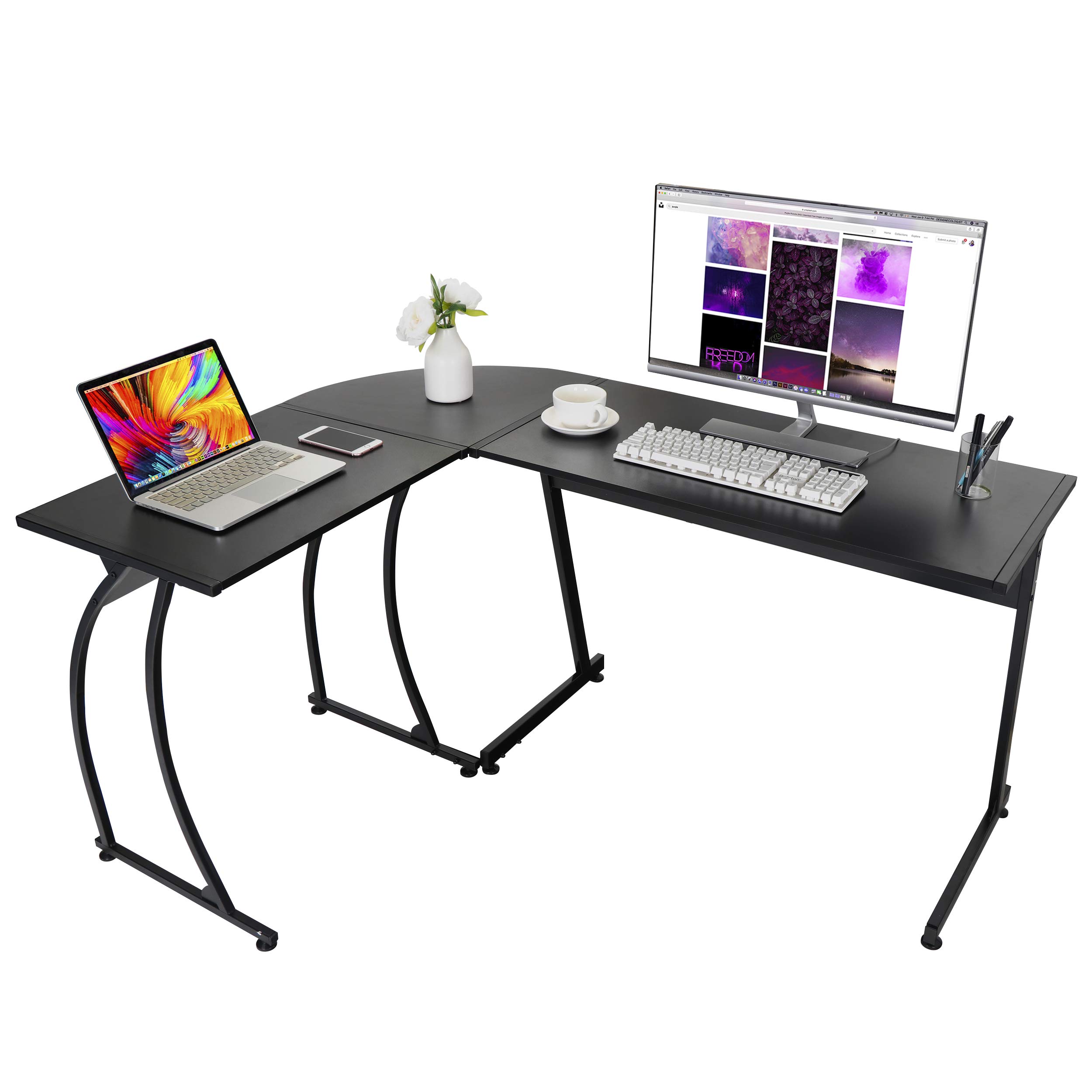 Modern L-Shaped Home Office Desk with Round Corner - Sturdy Steel Frame Computer Desk for Gaming, Writing & Workstation - Perfect for Small Spaces & Home Offices (Black)
