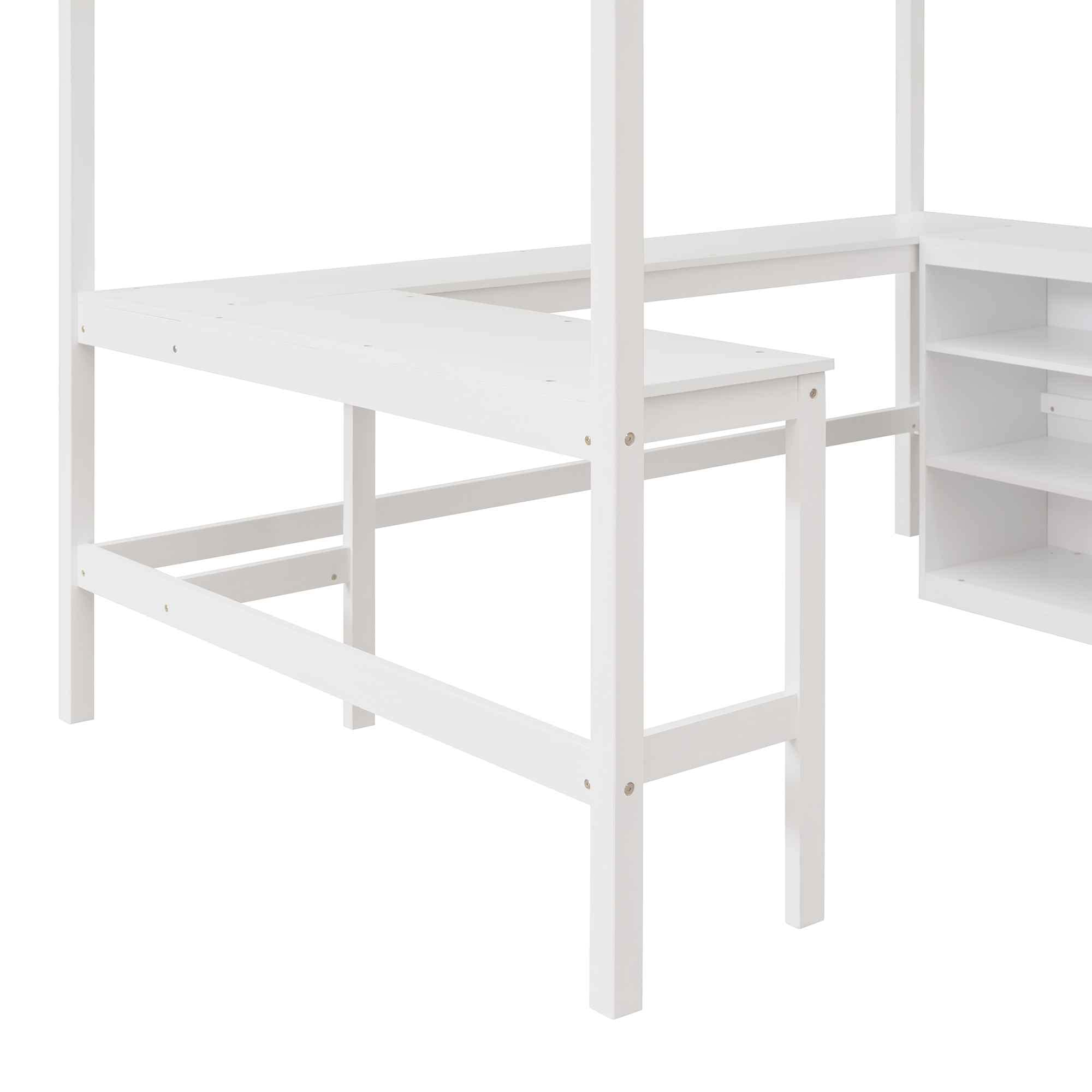 **Full Size Loft Bed with 3 Storage Shelves & Long Desk - Solid Pinewood Bed Frame with Ladder & Safety Guardrails - Space-Saving Kids & Adult Bedroom Furniture - No Box Spring Needed - White - Perfect for Small Rooms, Dorms & Apartments**