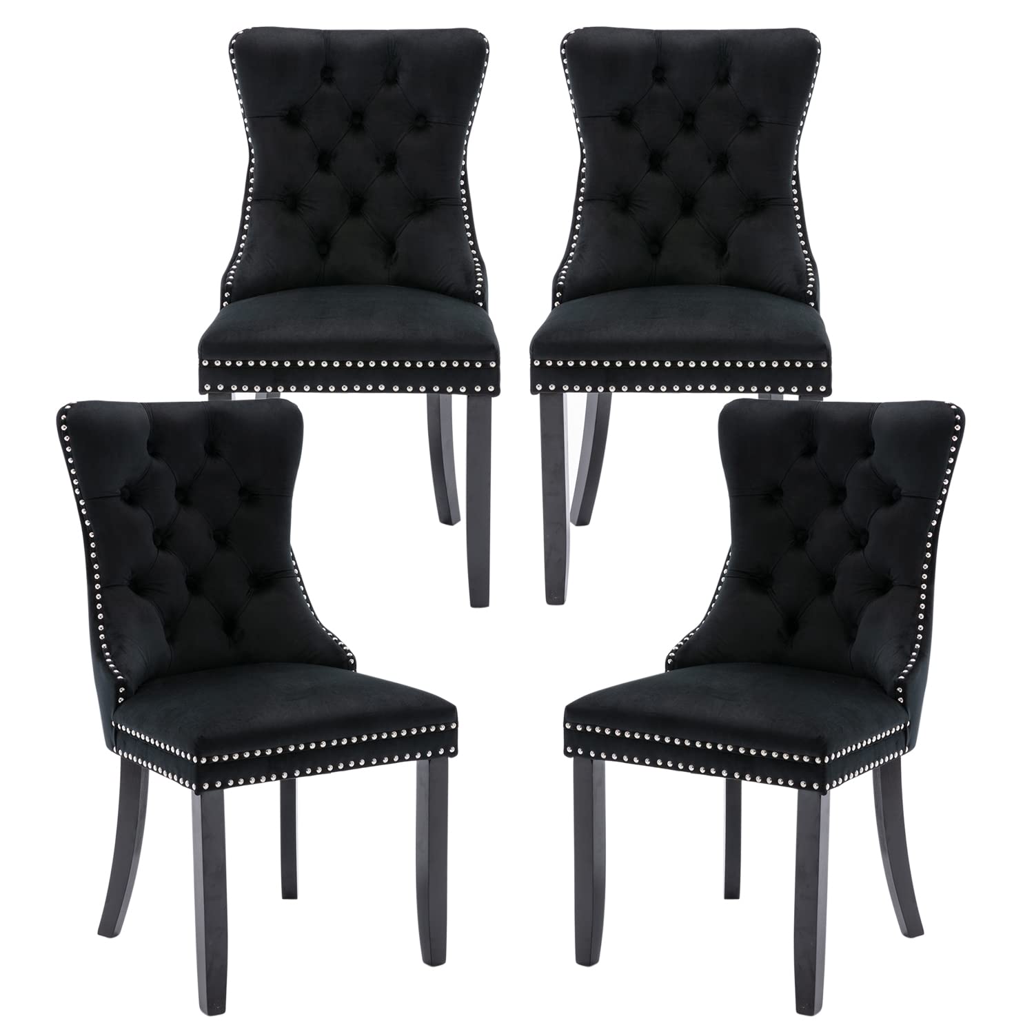 Kiztir Velvet Dining Chairs Set of 4 - Upholstered Luxury Tufted Chairs with Ring Pull Trim & Button Back - Elegant Black Dining Room Chairs for Kitchen, Living Room & Bedroom - Perfect for Home Decor, Dinner Parties & Cozy Gatherings
