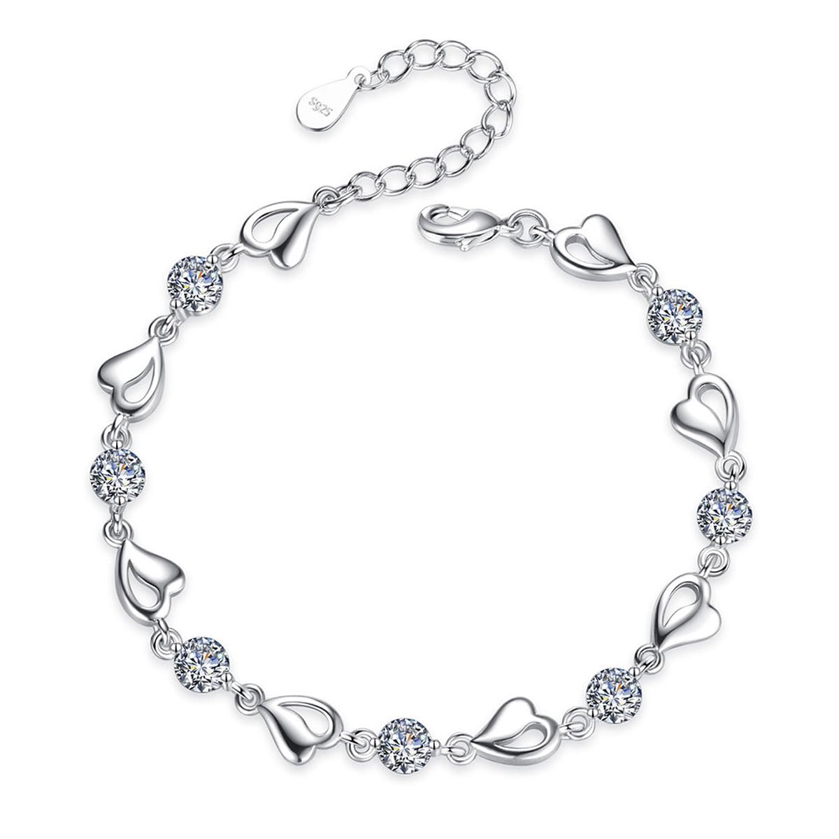 TQmate 925 Sterling Silver Heart Bracelet for Women - Adjustable Diamond Friendship Bracelet for Girls, Birthday Gift for Her, Perfect for Valentine's Day & Anniversary