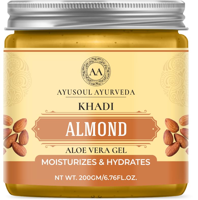 Ayusoul Ayurveda Khadi Almond Aloe Vera Gel - 99% Pure & Natural Face Moisturizer for Hydration, No SLS, 200g (Pack of 1) | Perfect for Dry Skin, Sunburn Relief & Daily Skincare Routine