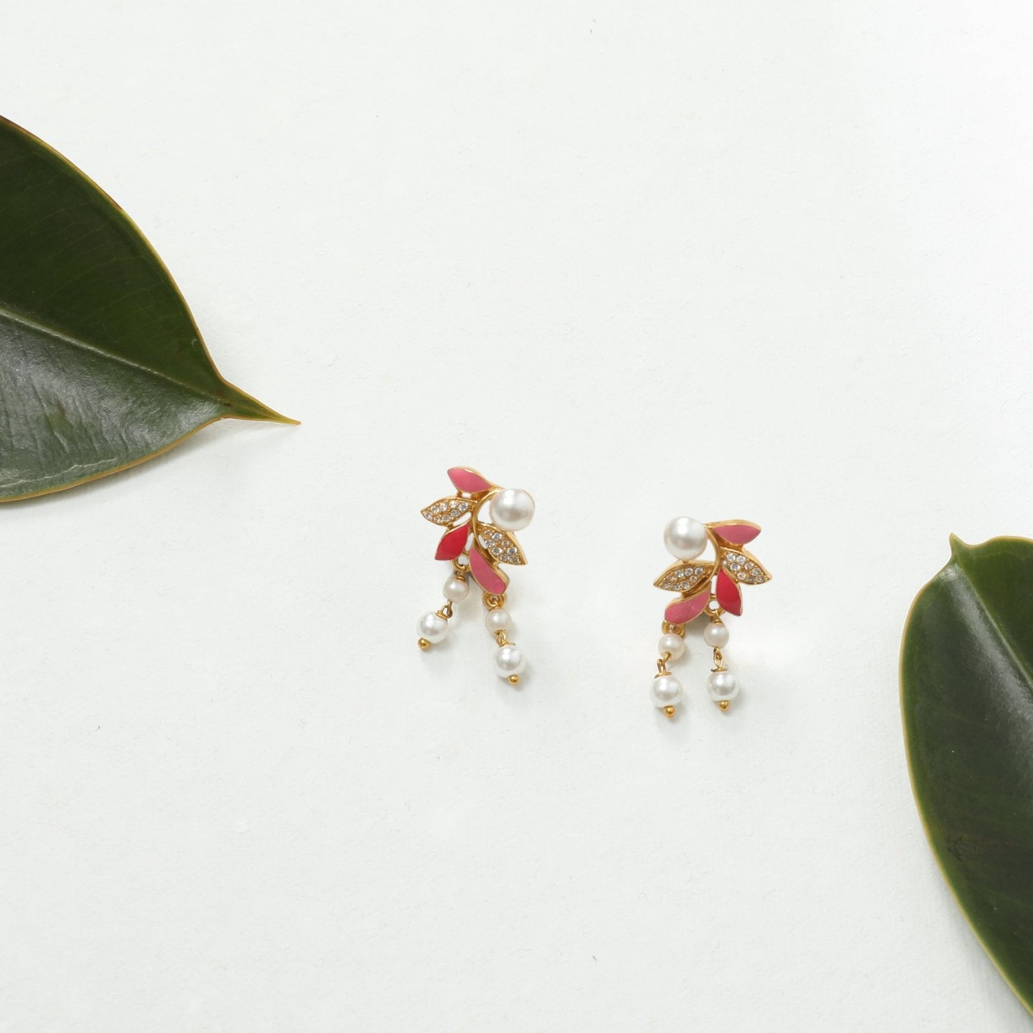 Eriha Pearl CZ Pink Leaf Drop Earrings for Women - Elegant Dangle Earrings for Party, Wedding & Evening Wear