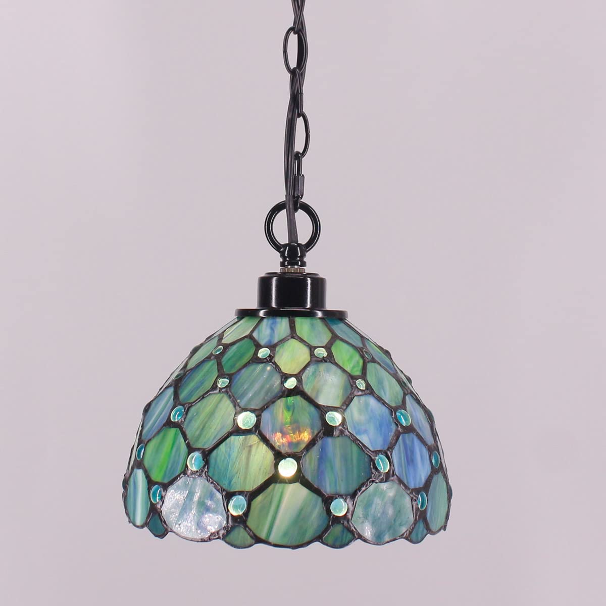 Tiffany Style Plug-in Swag Pendant Light - 8x8x18 Inch Stained Glass Hanging Lamp in Sea Blue Pearl | Perfect for Dining Room, Living Room, Bedroom & Kitchen Decor