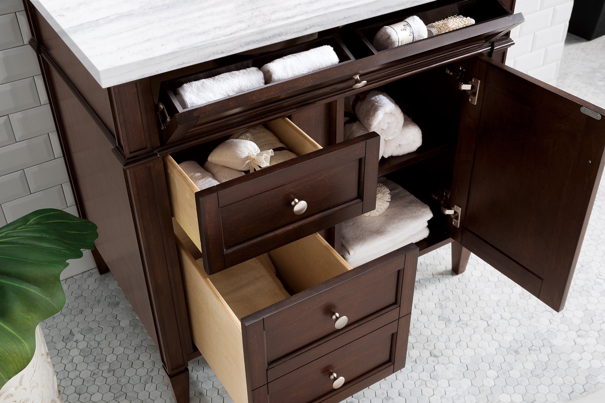 Brittany 36 Inch Burnished Mahogany Bathroom Vanity with 3CM Arctic Fall Solid Surface Top - Modern Single Sink Vanity for Master Bathroom & Powder Room Remodel