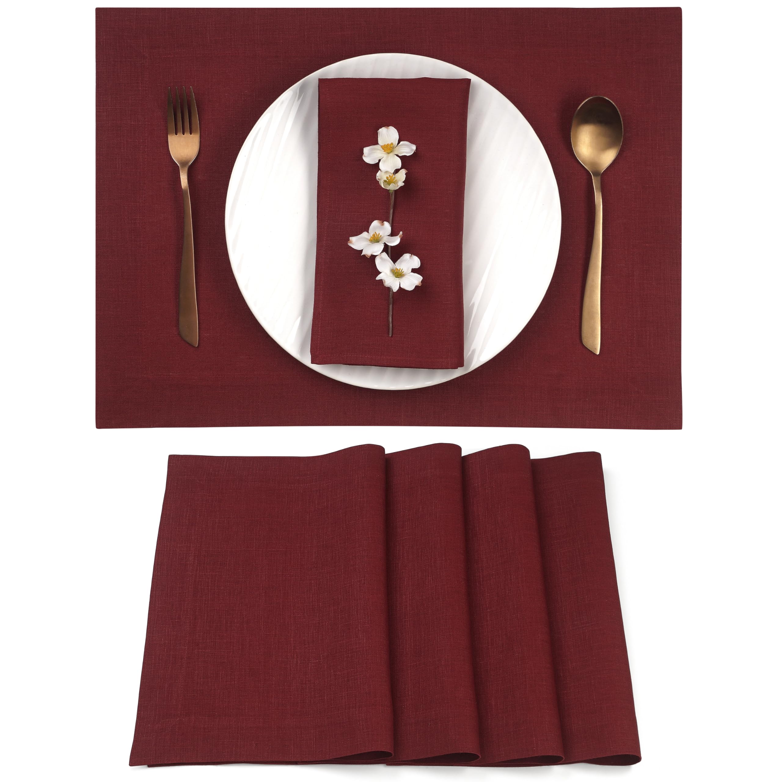 D'Moksha Homes 100% Pure Linen Placemats Set of 4 - Dark Red Washable Table Mats 14x19 Inch - Elegant Dining Decor for Spring, Dinner Parties & Everyday Use