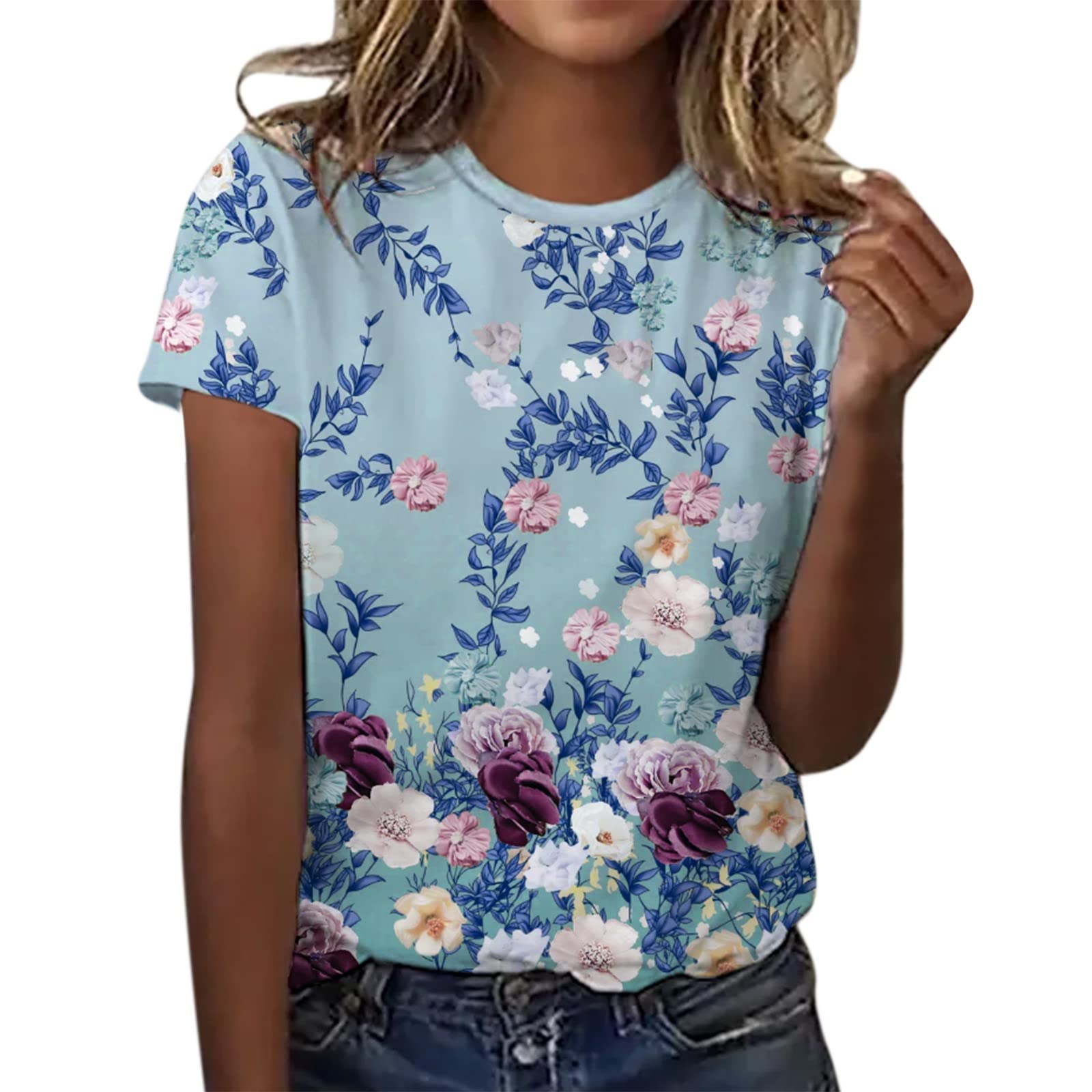 Women's Summer Short Sleeve Floral Print Crew Neck T-Shirt - Casual Comfortable Cotton Tee for Daily Wear, Outing, Beach & Vacation Outfits