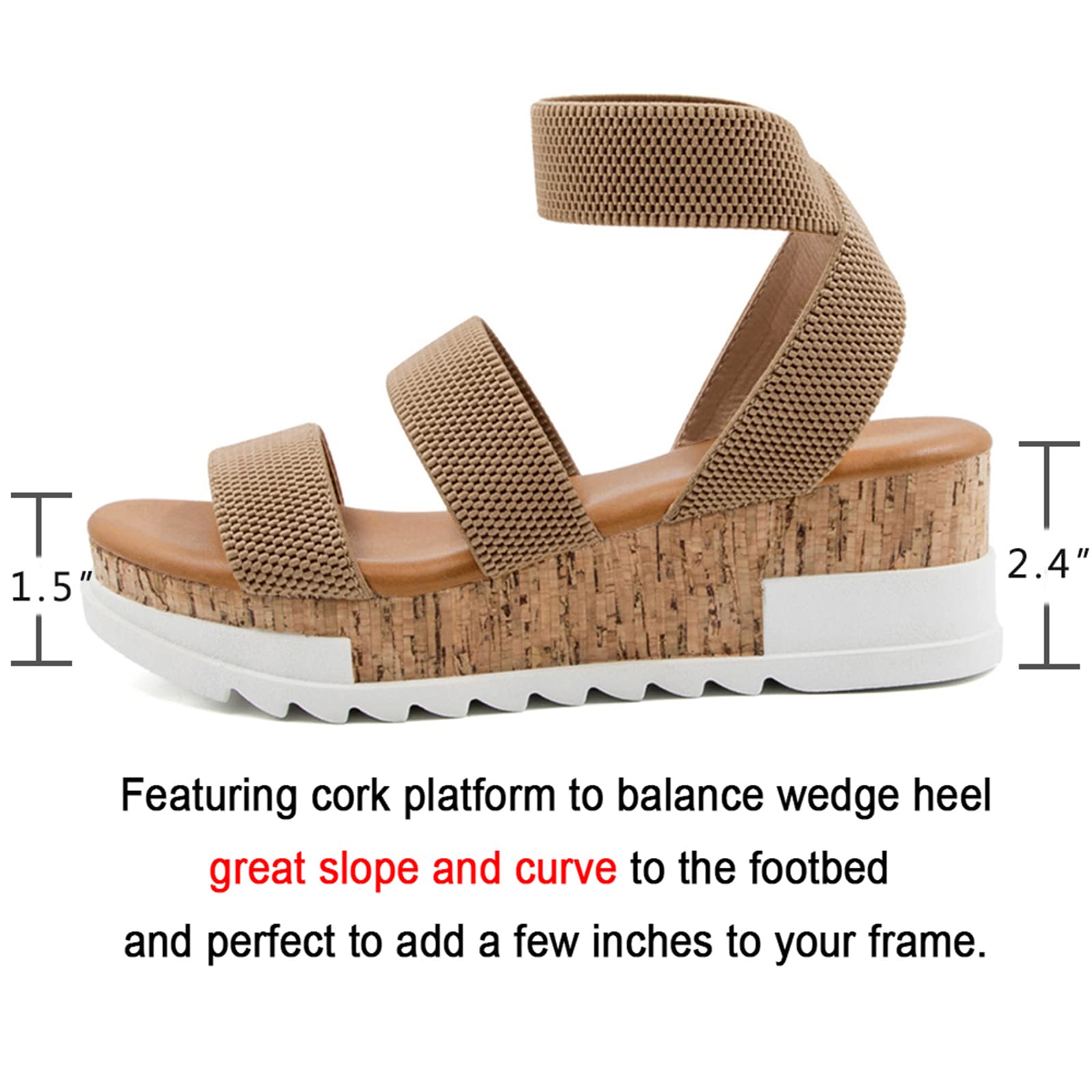 Athlefit Women's Wedge Sandals with Cork Elastic Strap - Comfortable Platform Sandals for Summer, Beach, and Casual Outfits