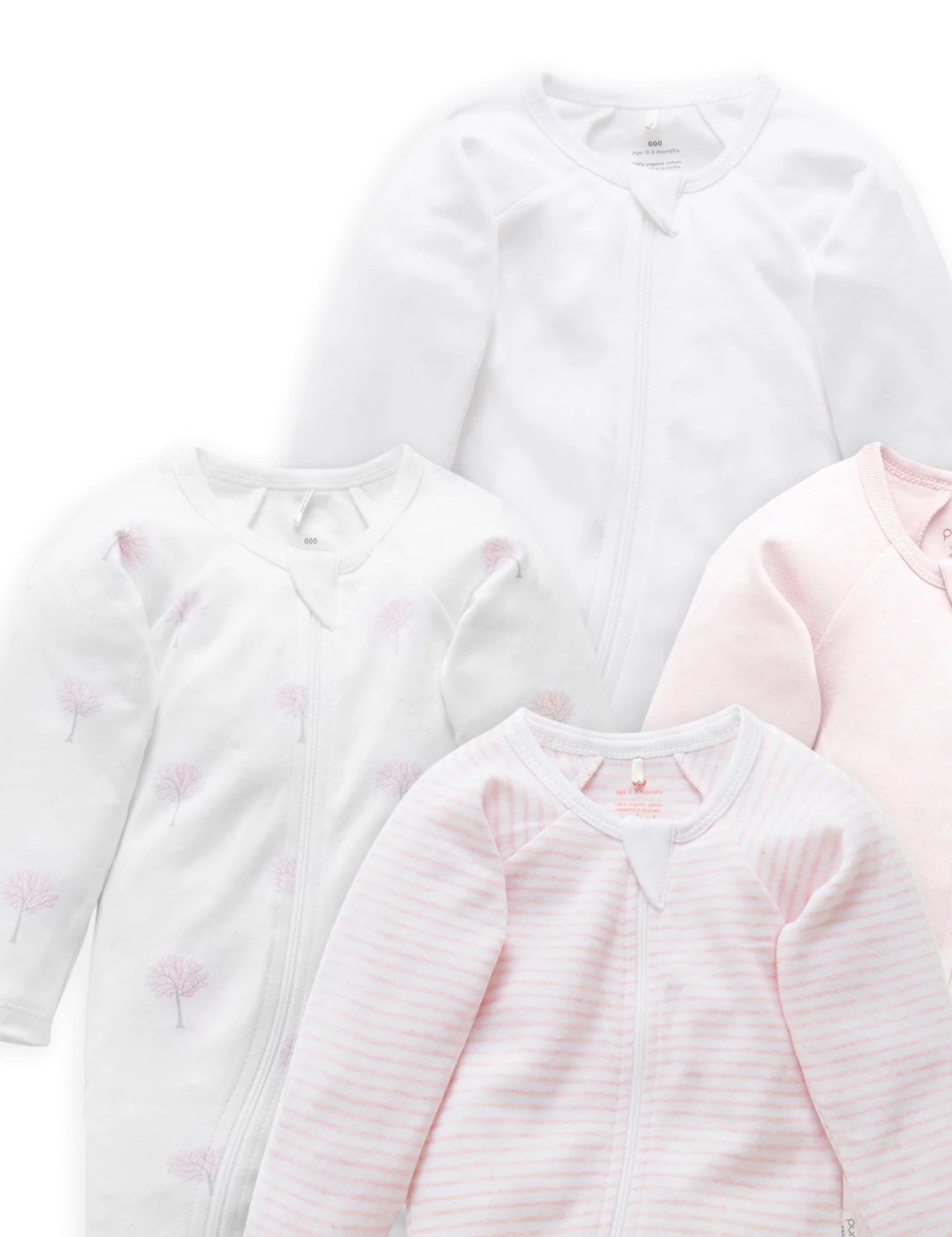 Purebaby Organic Cotton Zip Growsuit 4-Pack - Soft Baby Bodysuit for Newborns & Infants | Perfect for Sleepwear, Playtime & Everyday Comfort (Pink)